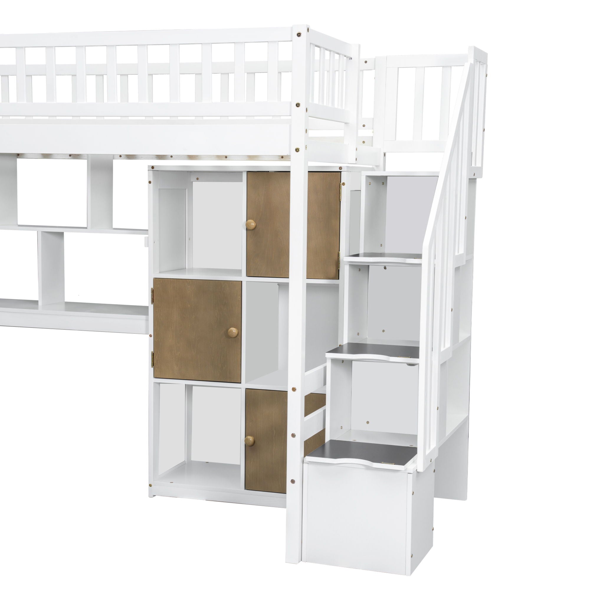 Loft Bed With Built In L Shaped Desk, LED Lights, Storage Shelves, Cabinets, And Staircase