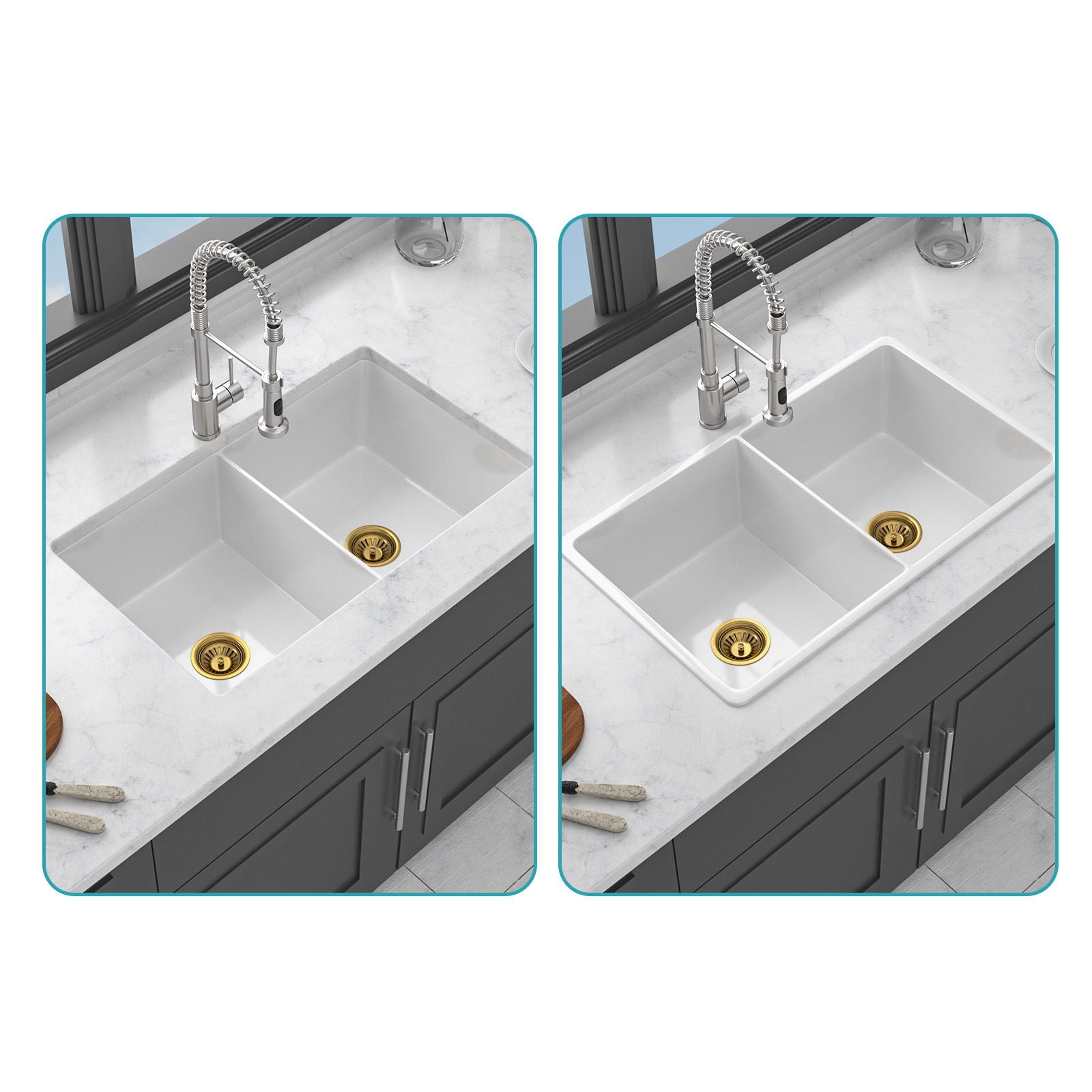 32" Undermount Double Bowl Kitchen Sink Rectangular Deep Dual Bas With Grids - White
