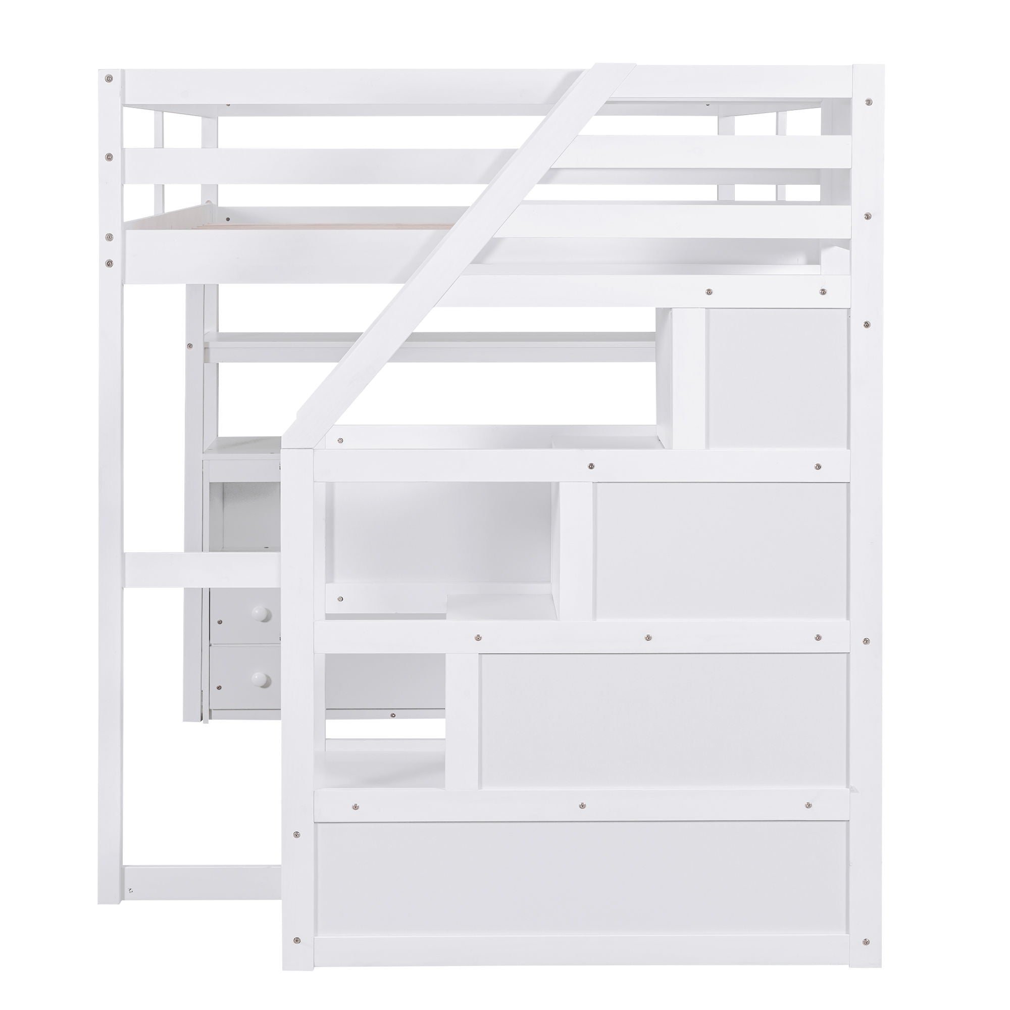 Loft Bed With Desk, Shelves, 2 Drawers, Storage Staircase