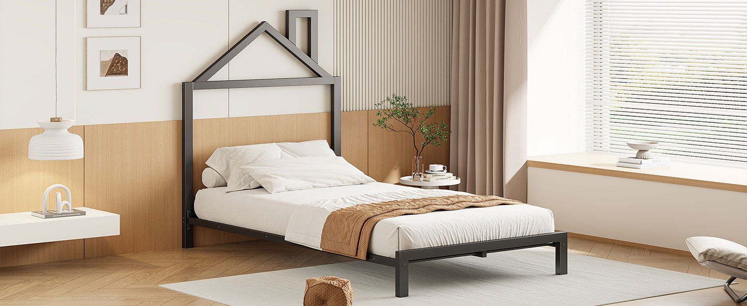 Metal Platform Bed With House-Shaped Headboard Design