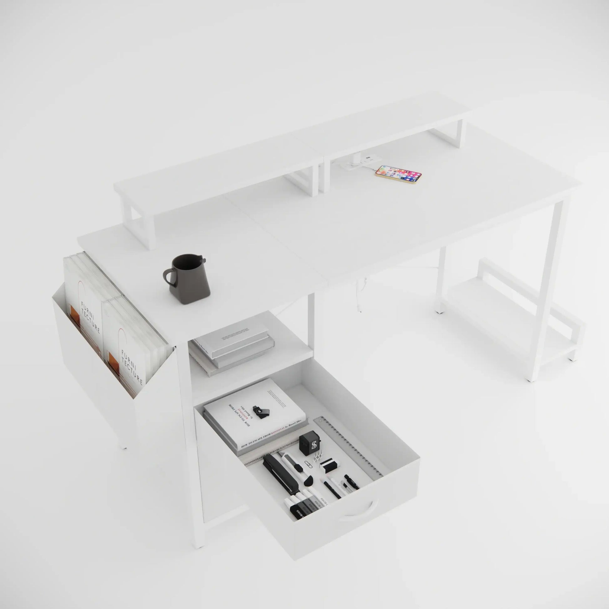 47.3" White Office Desk with Power Outlet and Monitor Stands - Best Buy Furniture