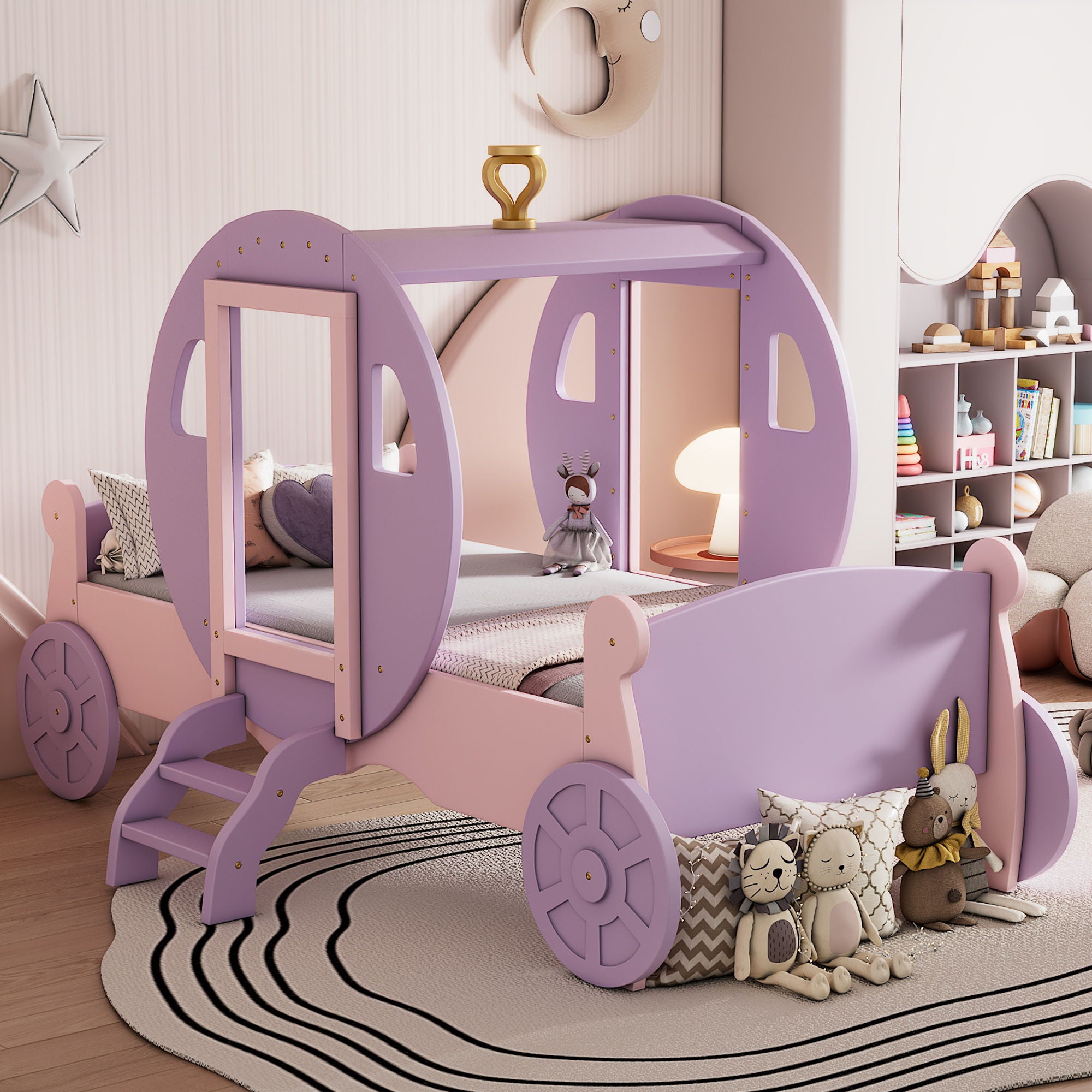 Princess Carriage Bed With Crown, Platform Car Bed With Stair