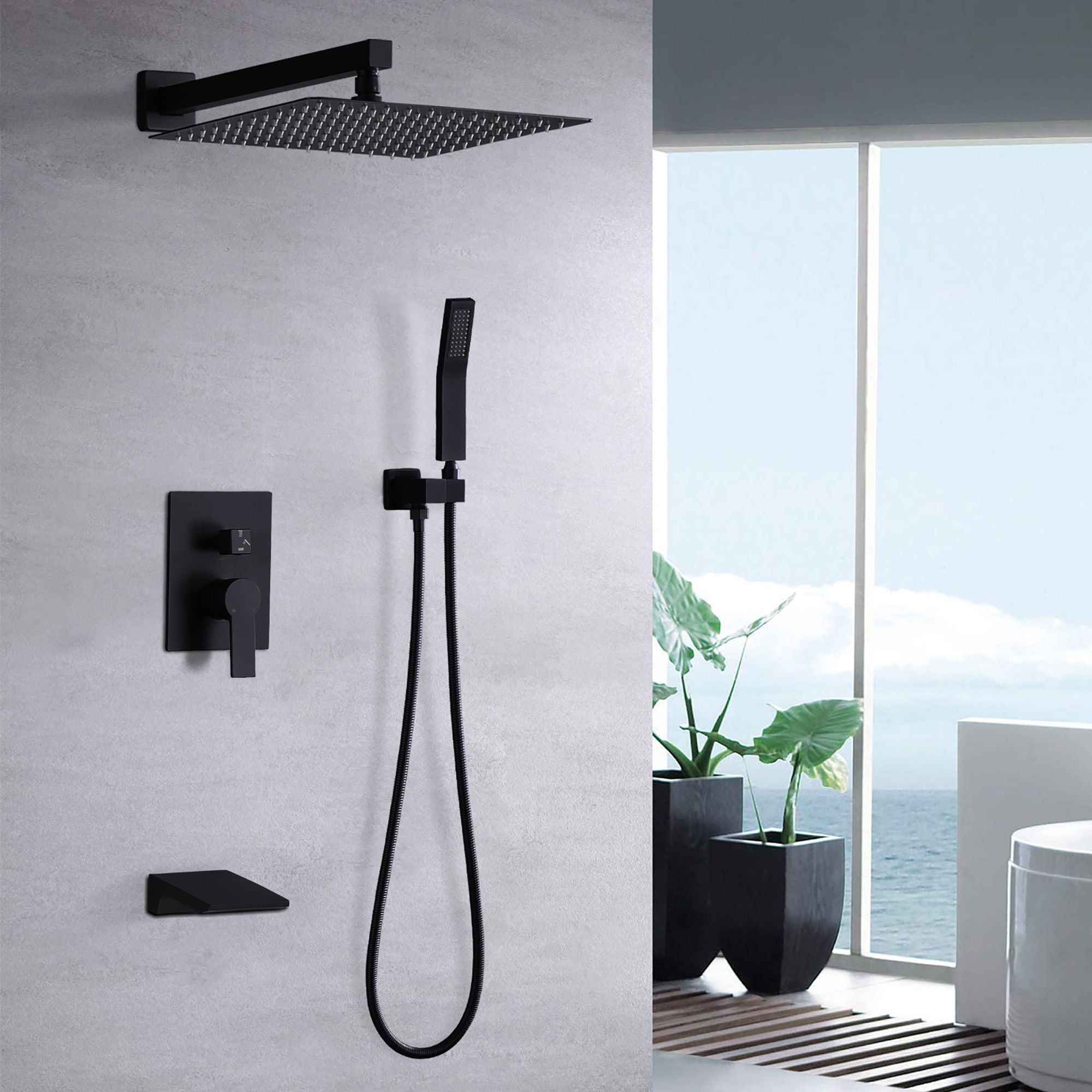 Modern Black Shower Faucet Set Rainfall System With 10" Shower Head And Handheld Combo Stainless Steel - Matte Black