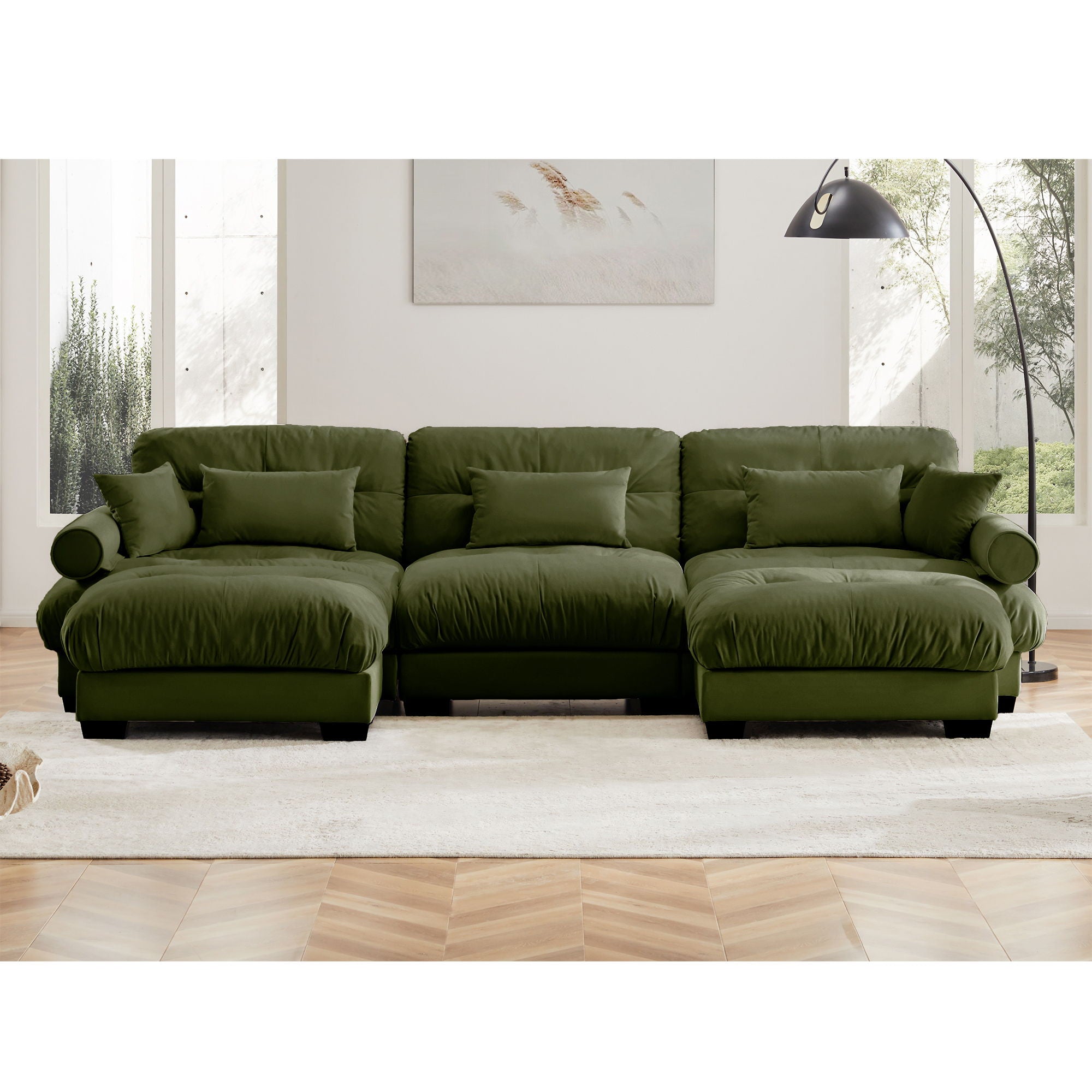 Modern Sectional Sofa With Ottoman, Round Bolster Armrests, Waist And Throw Pillows