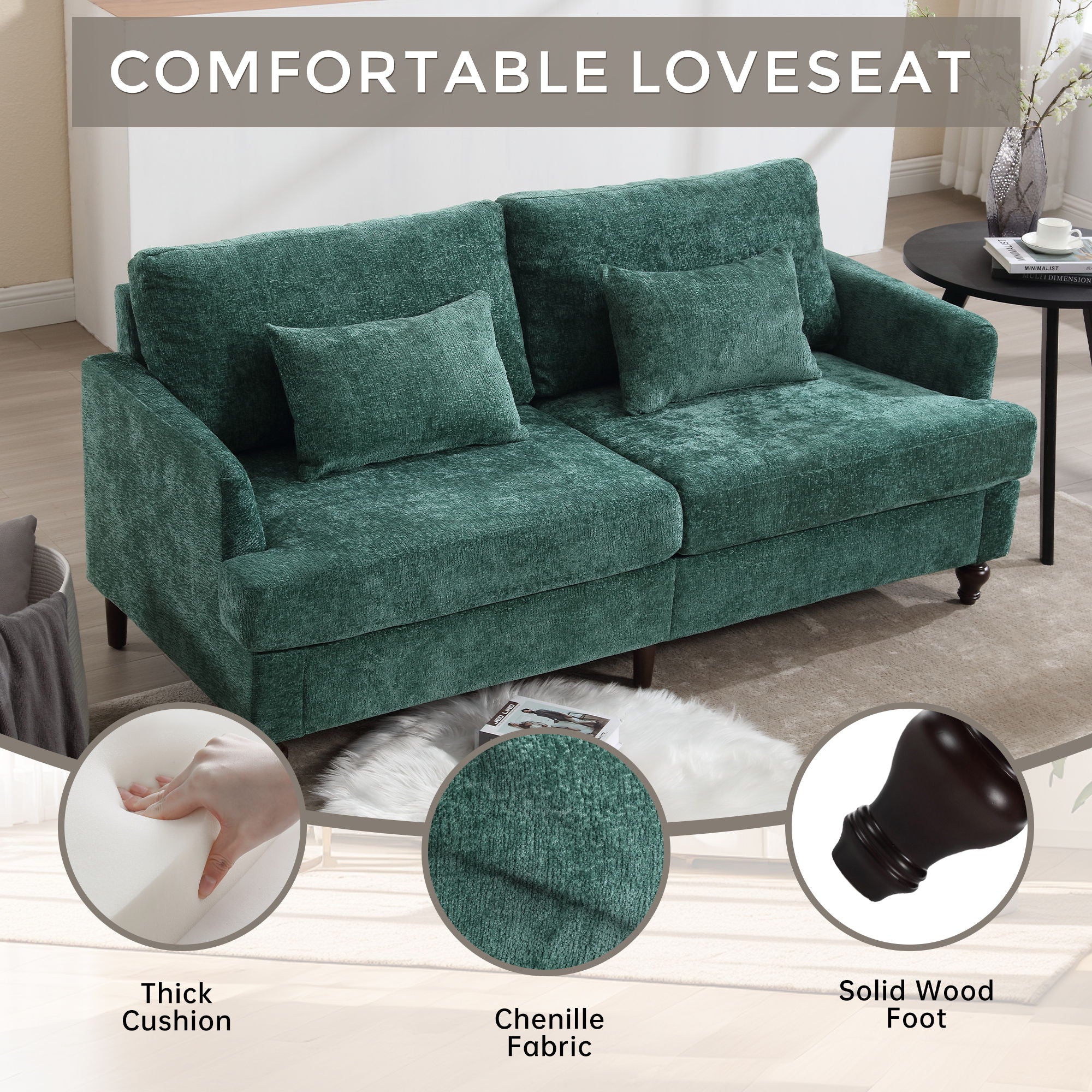 Mid Century Modern Chenille Fabric Loveseat Sofa, 2 Seat Upholstered Couch