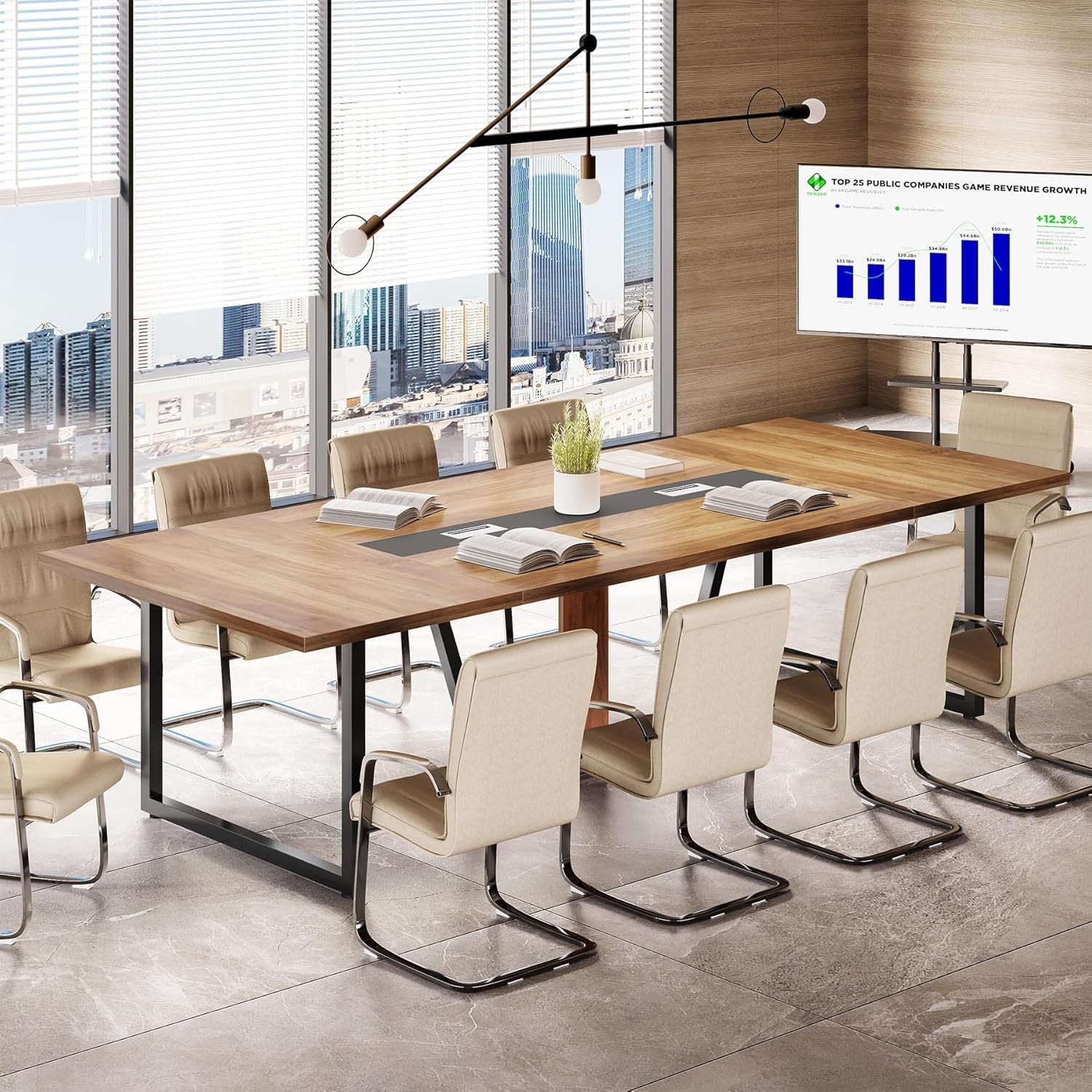 94.5' Large Conference Table for 8-10 People, Modern Office Meeting Table with Cable Management, Heavy-Duty Metal Legs, Training & Boardroom Furniture, Brown Walnut Finish - Best Buy Furniture
