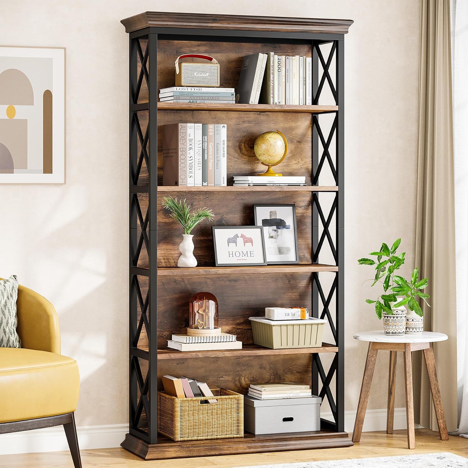 6 Tier Industrial Brown & Bookshelf With X Pattern Design - Rustic Brown