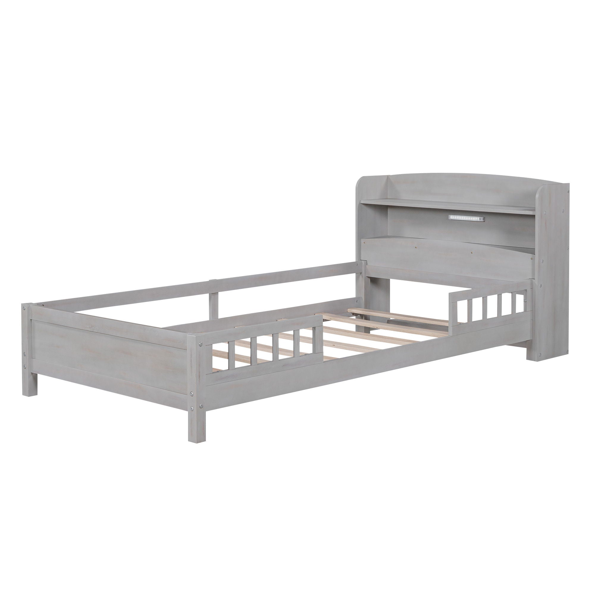 Wood Platform Bed With Built In LED Light, Storage Headboard And Guardrail