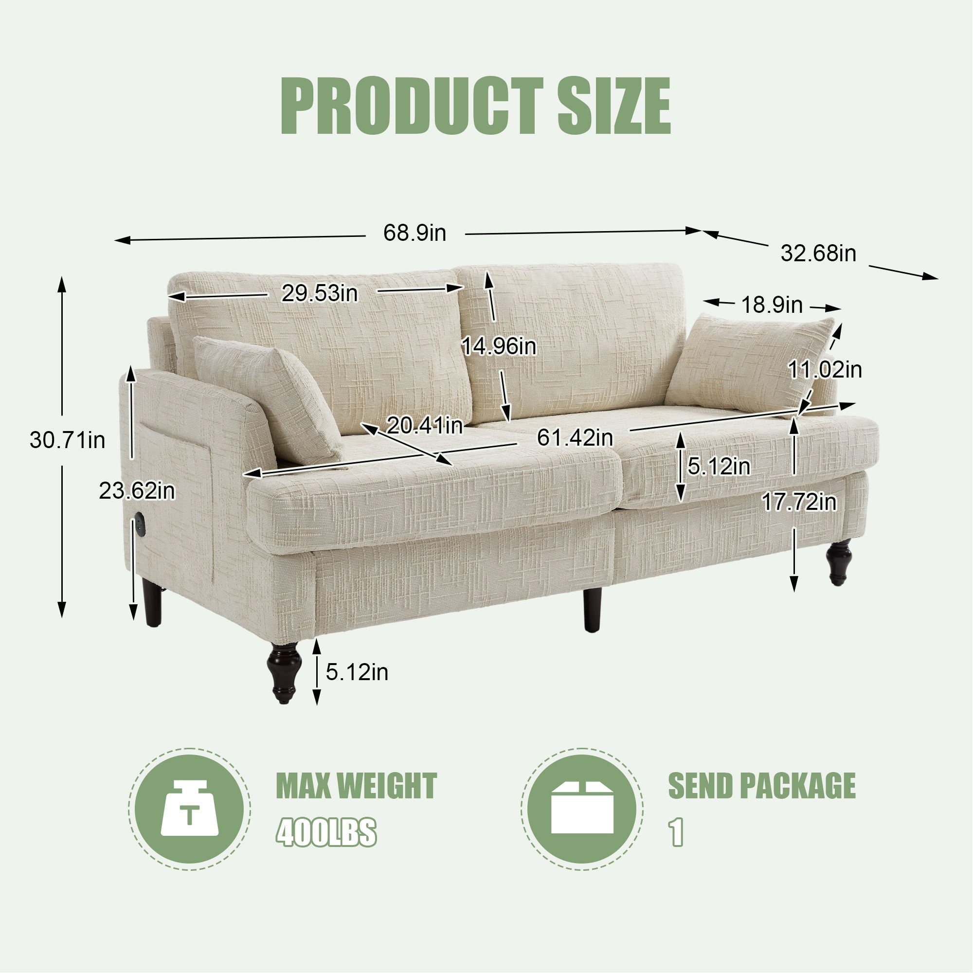 2 Seater Sofa With LED Light, USB Charging Port, And Storage Bag