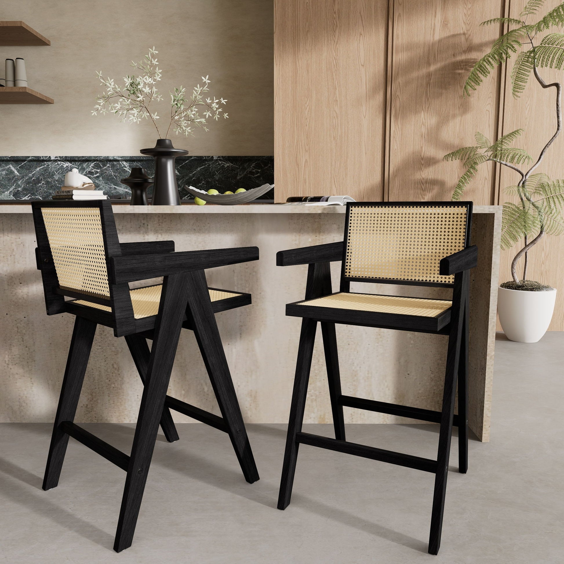 Modern Minimalist Bar Stool With Cane Seat - Black / Natural - Best Buy Furniture