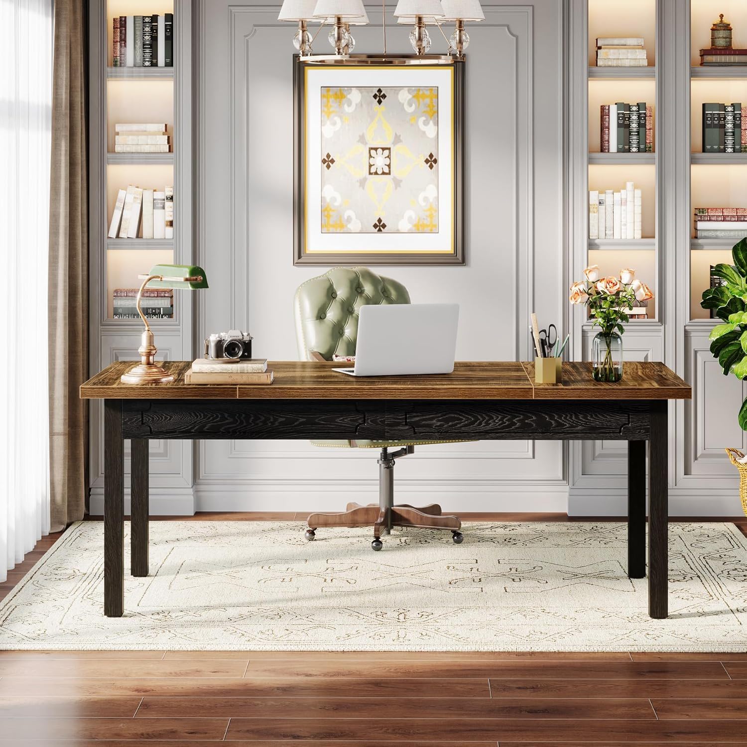 Executive Office Desk, Computer Table With Thick Top - Brown / Black