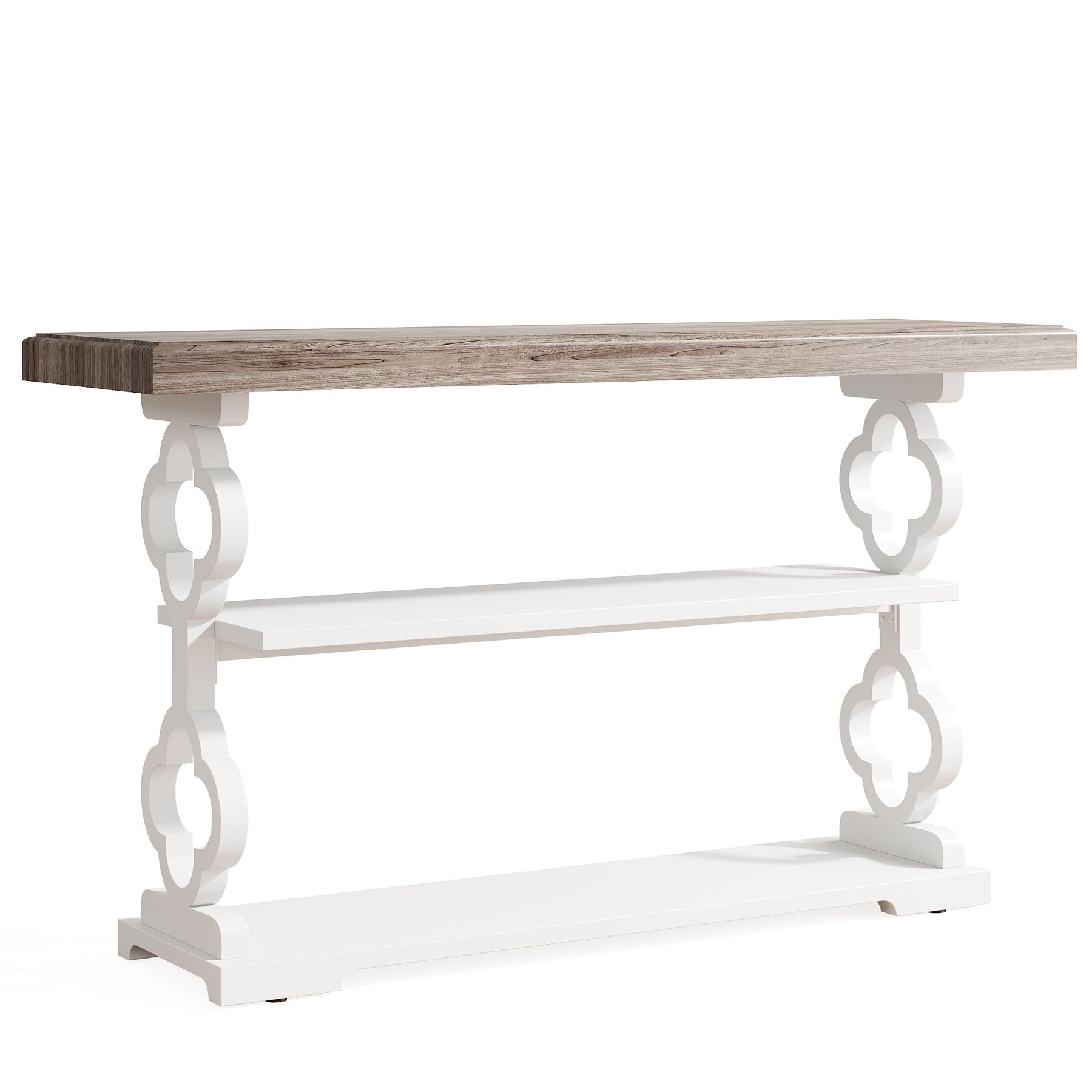 Console Sofa Table With 3 Shelves, Floral Carved Accent - Gray / White