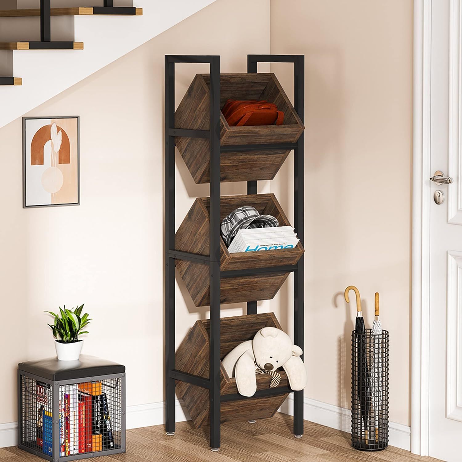 3 Tier Basket Stand With Angled Baskets, Vertical Storage Tower For Kitchen - Black