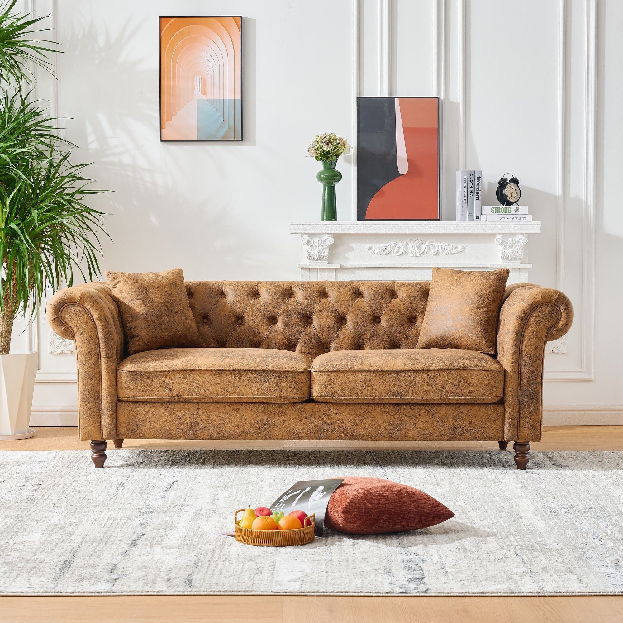 Chesterfield 3 And 3 Seater Sofa Set High Tech Fabric Roll Armrest Upholstered Couch