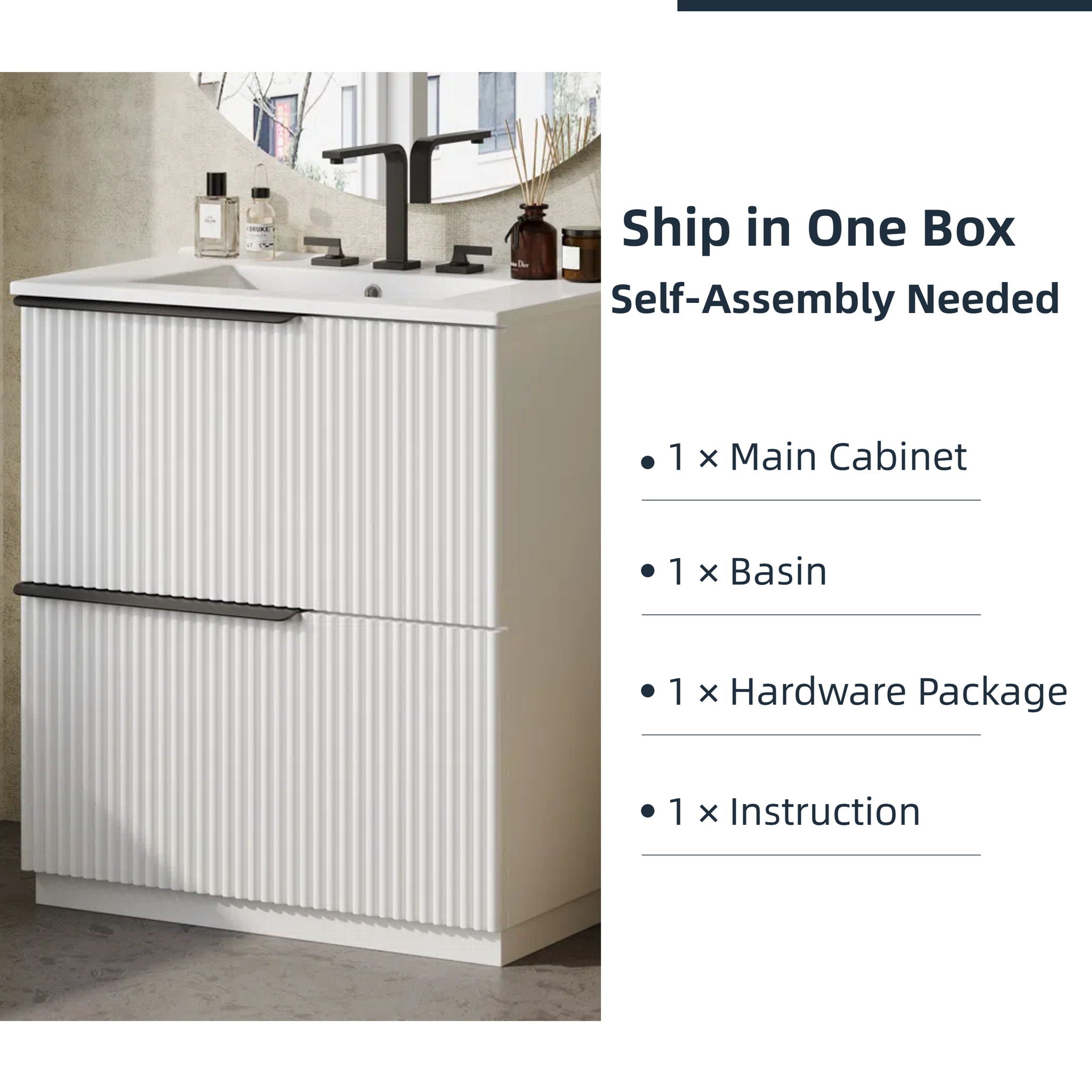 Fluted Bathroom Vanity With Ceramic Sink, Freestanding Cabinet