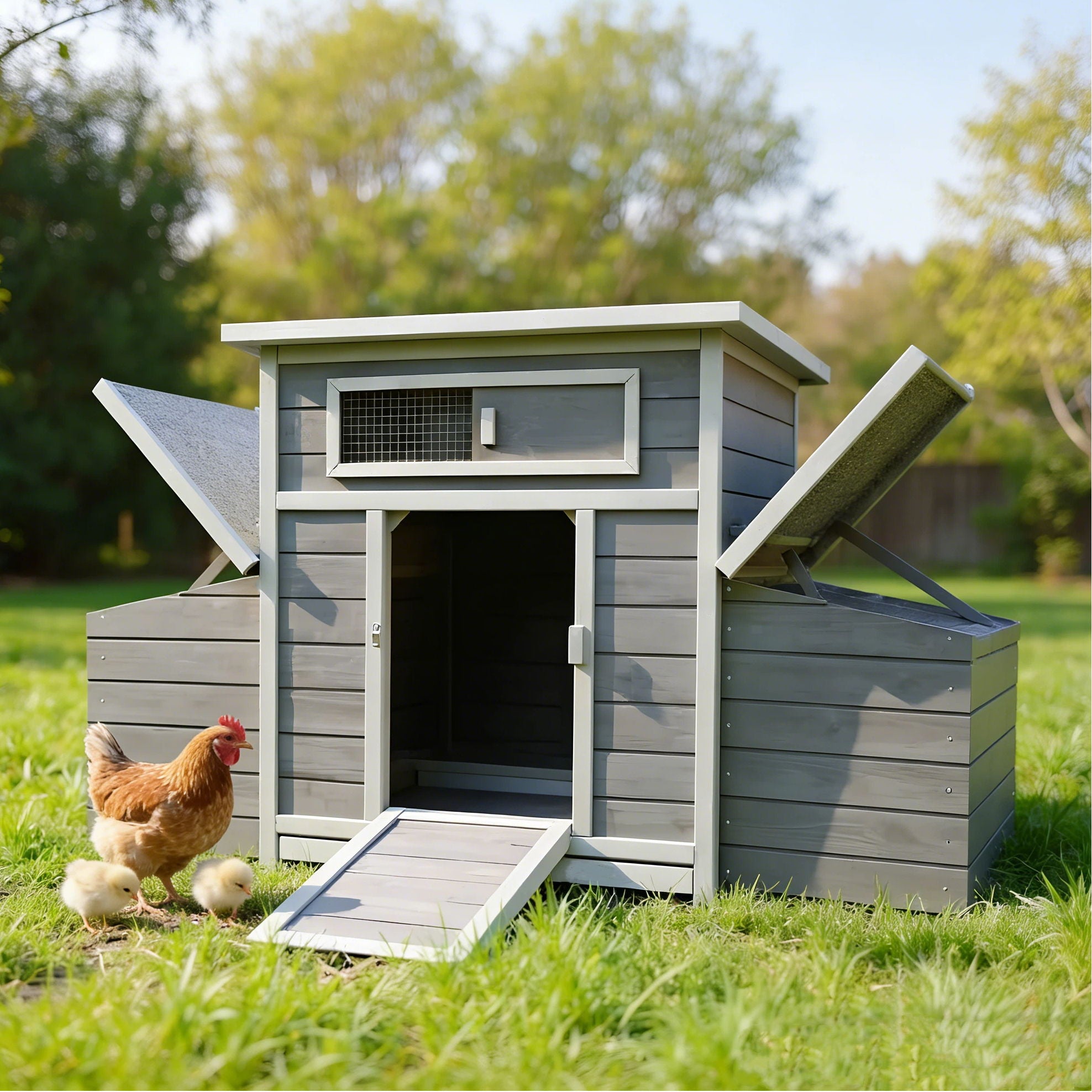 Large Chicken Coop Outdoor Hen House With Dual Nesting Boxes - Gray