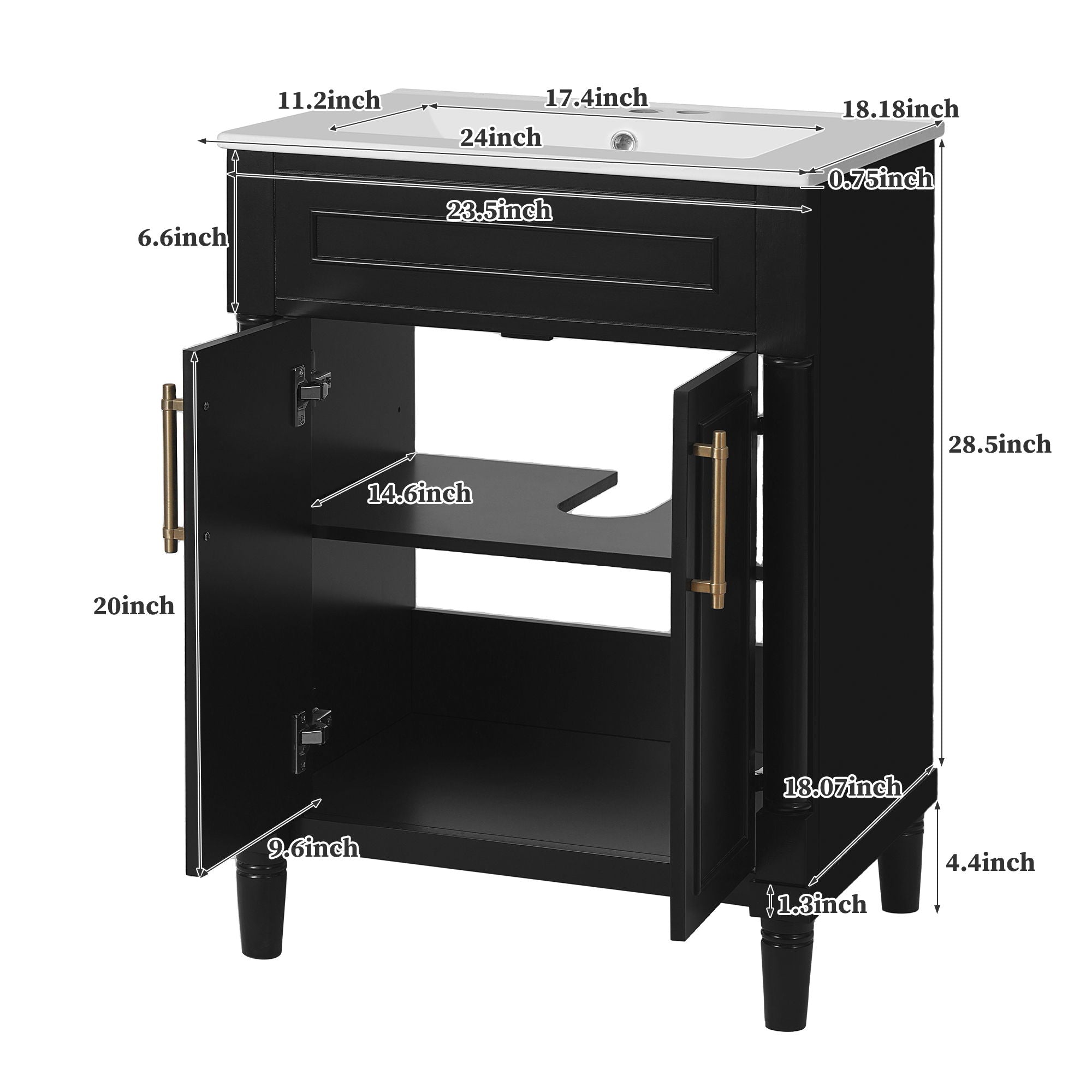 Bathroom Vanity With Integrated Sink, 2 Door Cabinet - Black