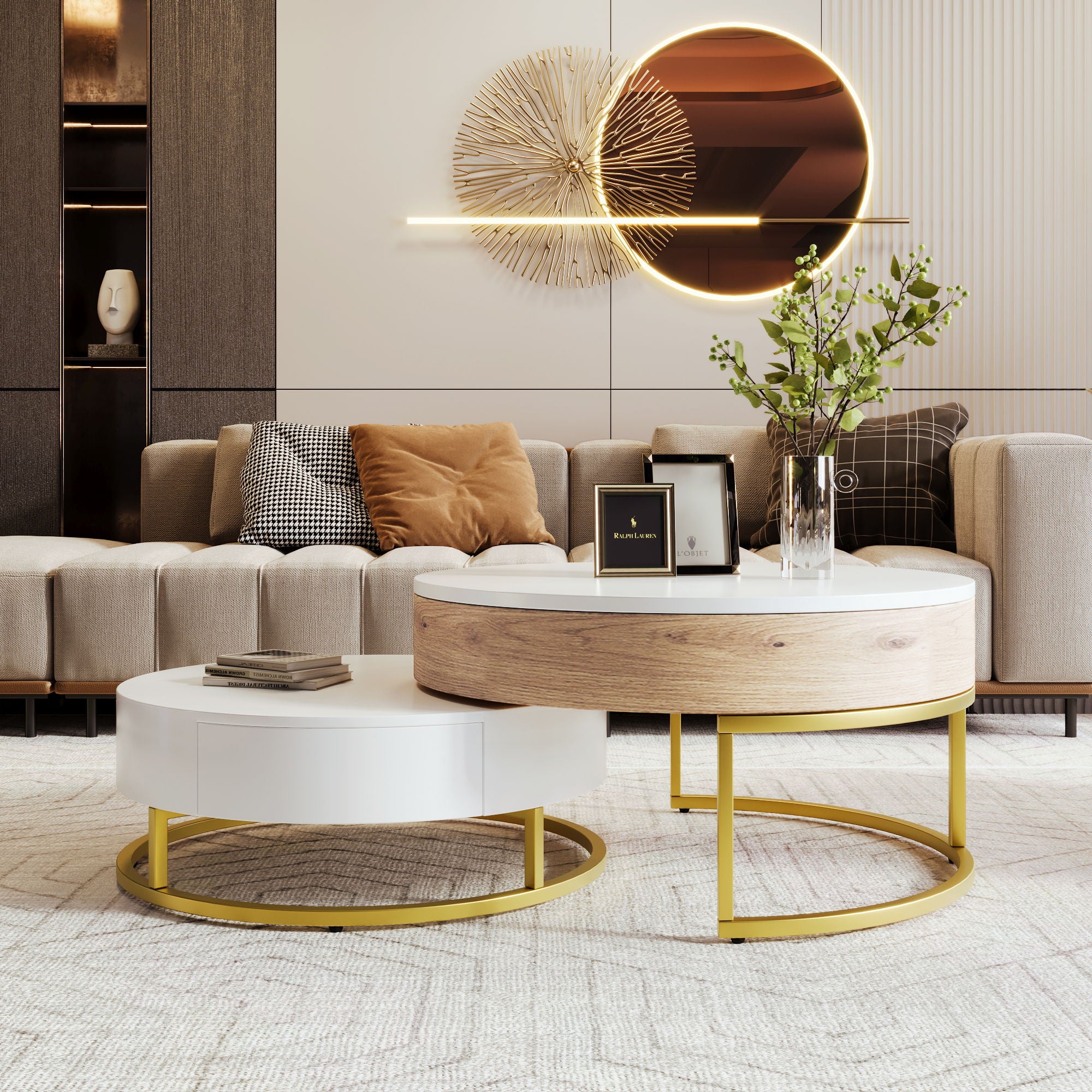 Modern Round Lift-Top Nesting Coffee Tables With 2 Drawers