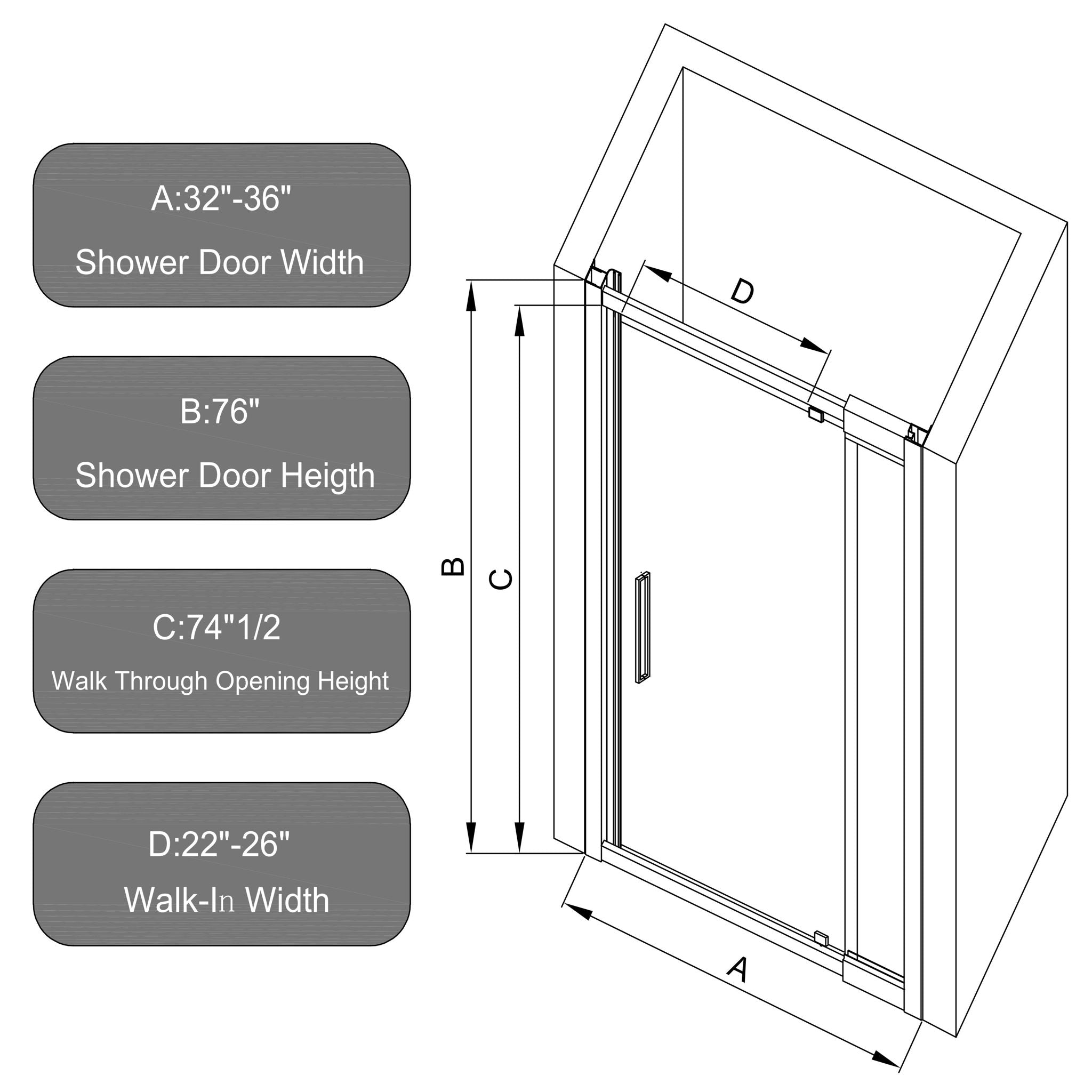 Scalable - Shower Door With 1 / 4" Clear Tempered Glass And Aluminium Alloy Frame - Matte Black