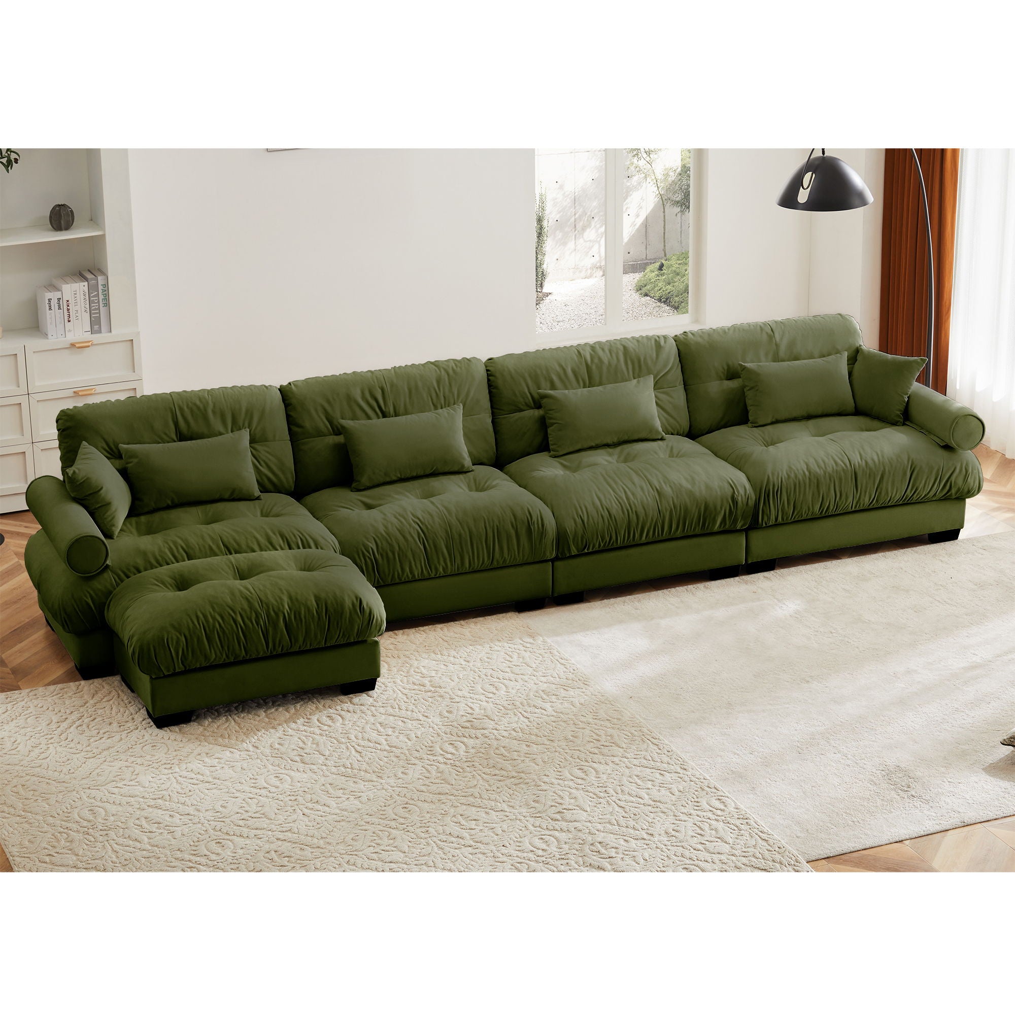 Modern Sectional Sofa With Ottoman, Round Bolster Armrests, Waist And Throw Pillows