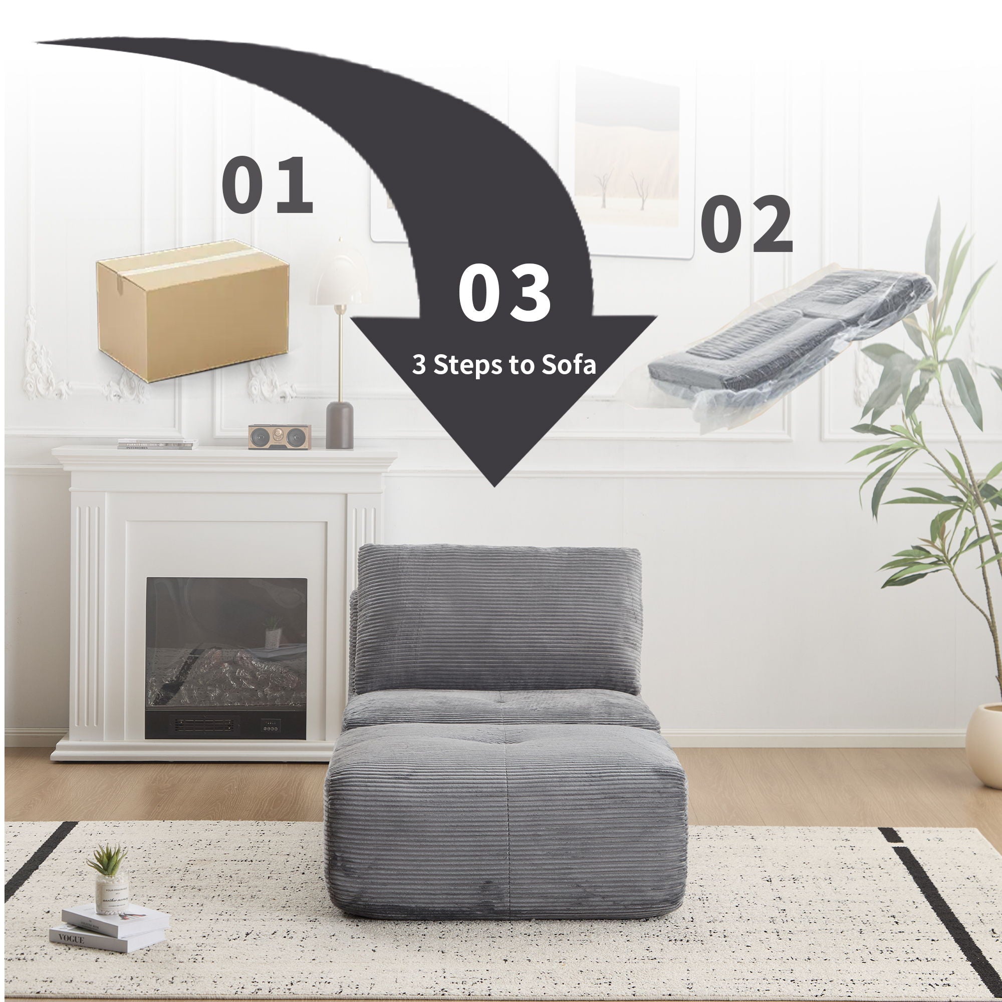 Compressed Sofa, Single Chaise Longue, Movable Ottoman For Living Room - Gray
