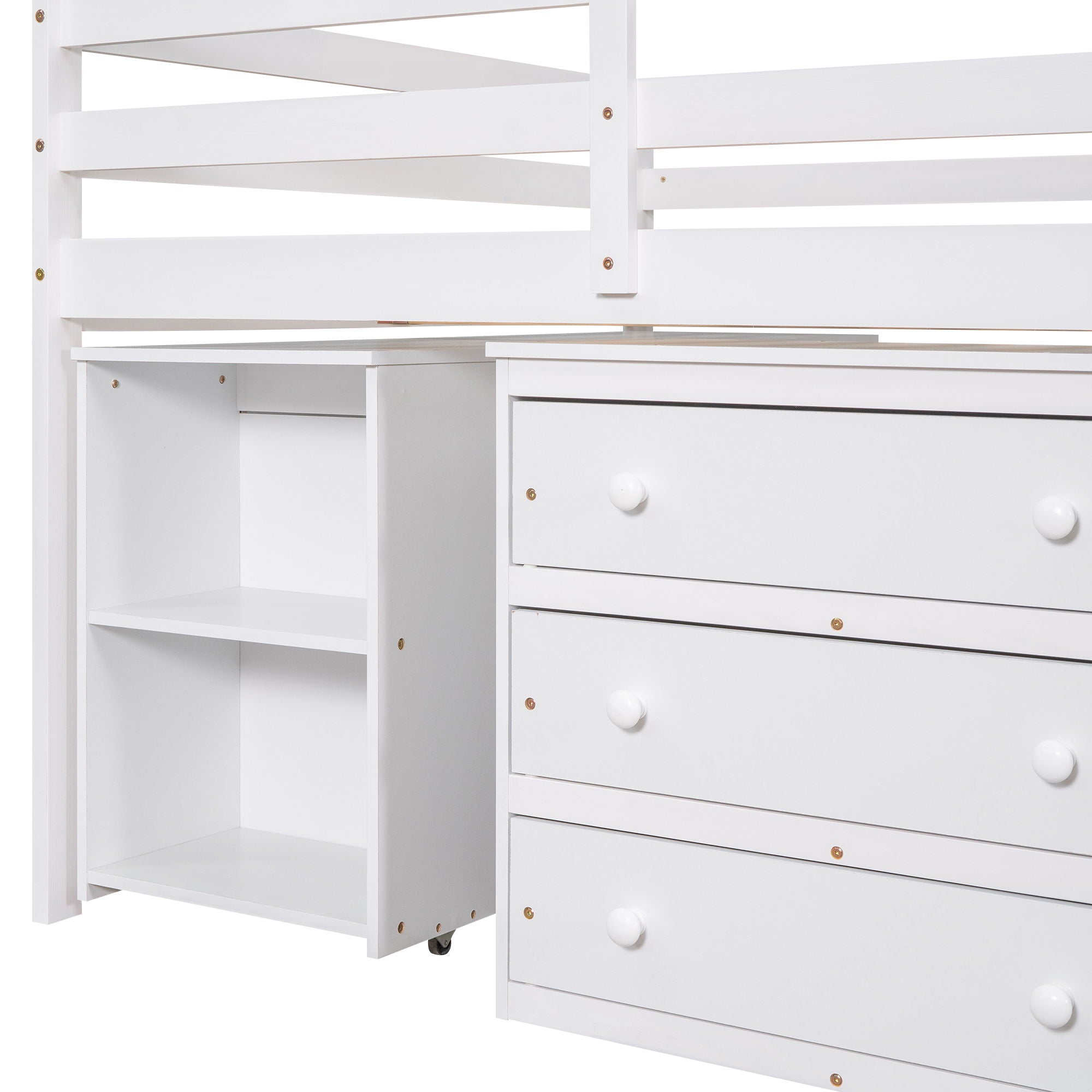 Loft Low Study Bed With Cabinet, Shelves And Rolling Portable Desk, Multiple Functions