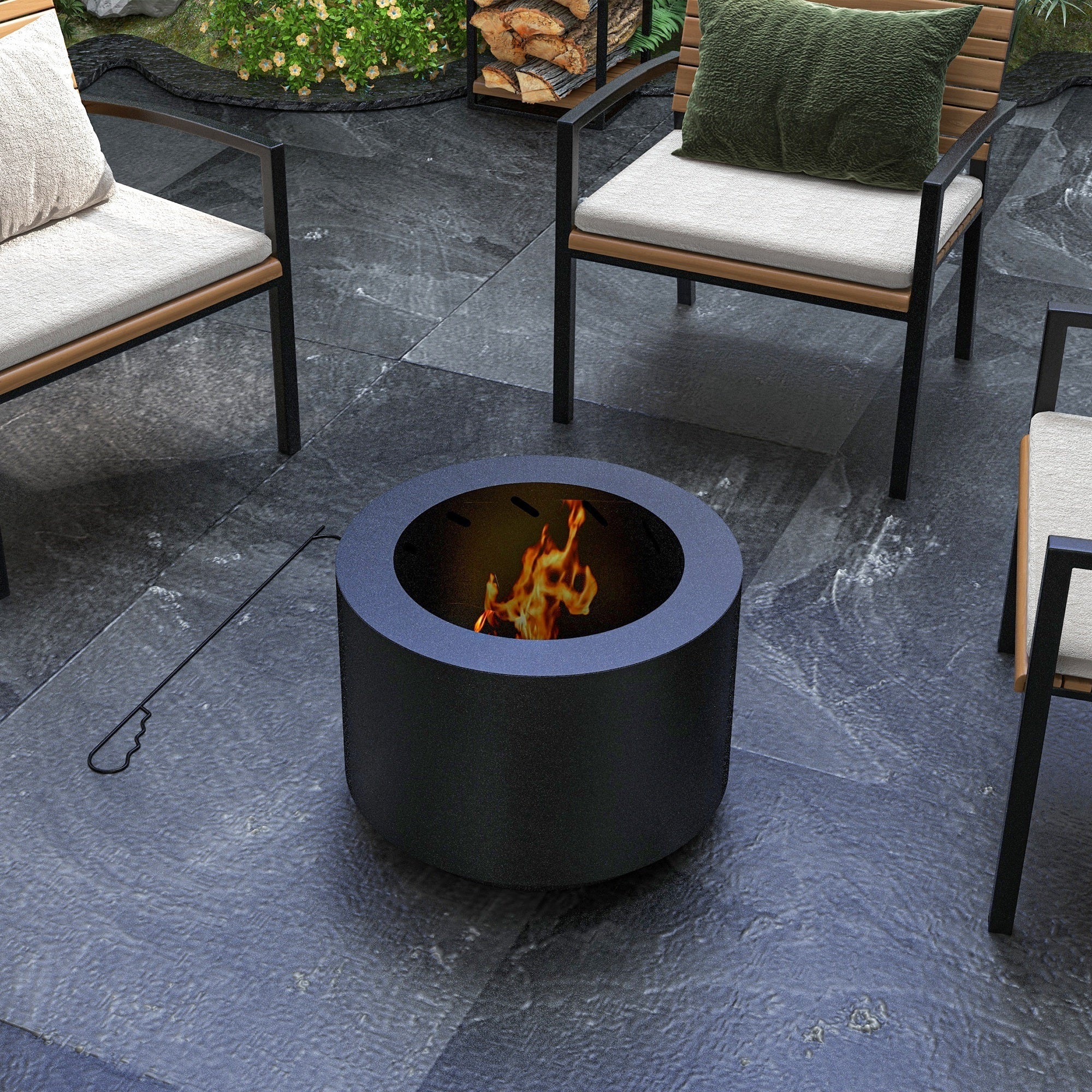 Smokeless fire pit, 19 portable wood burning firepit with poker,  black