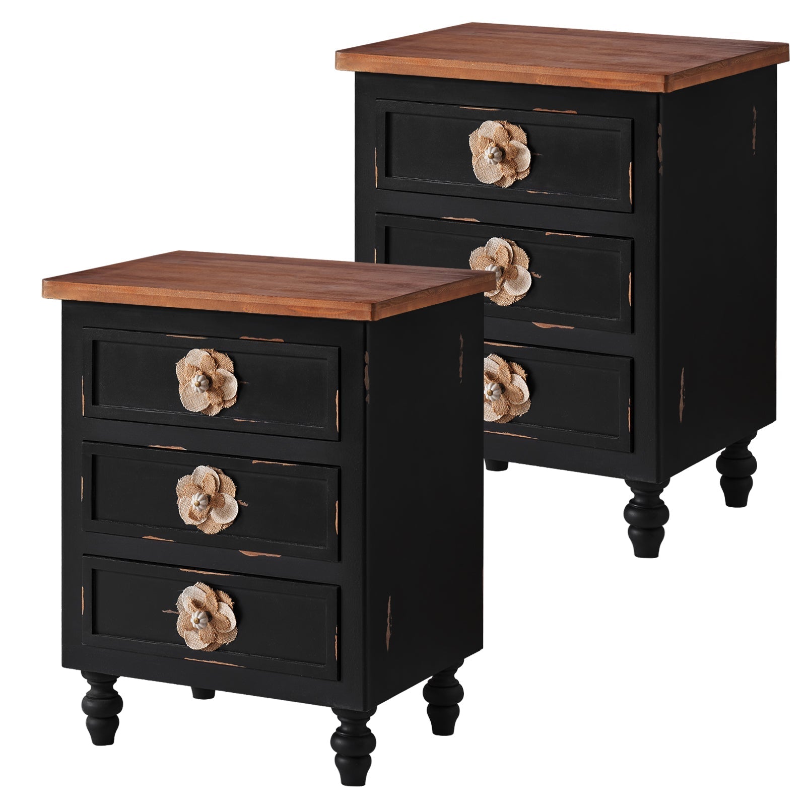 Rustic Dark Blue 2-Drawer Wooden Cabinet with Aged Finish & Floral Handles