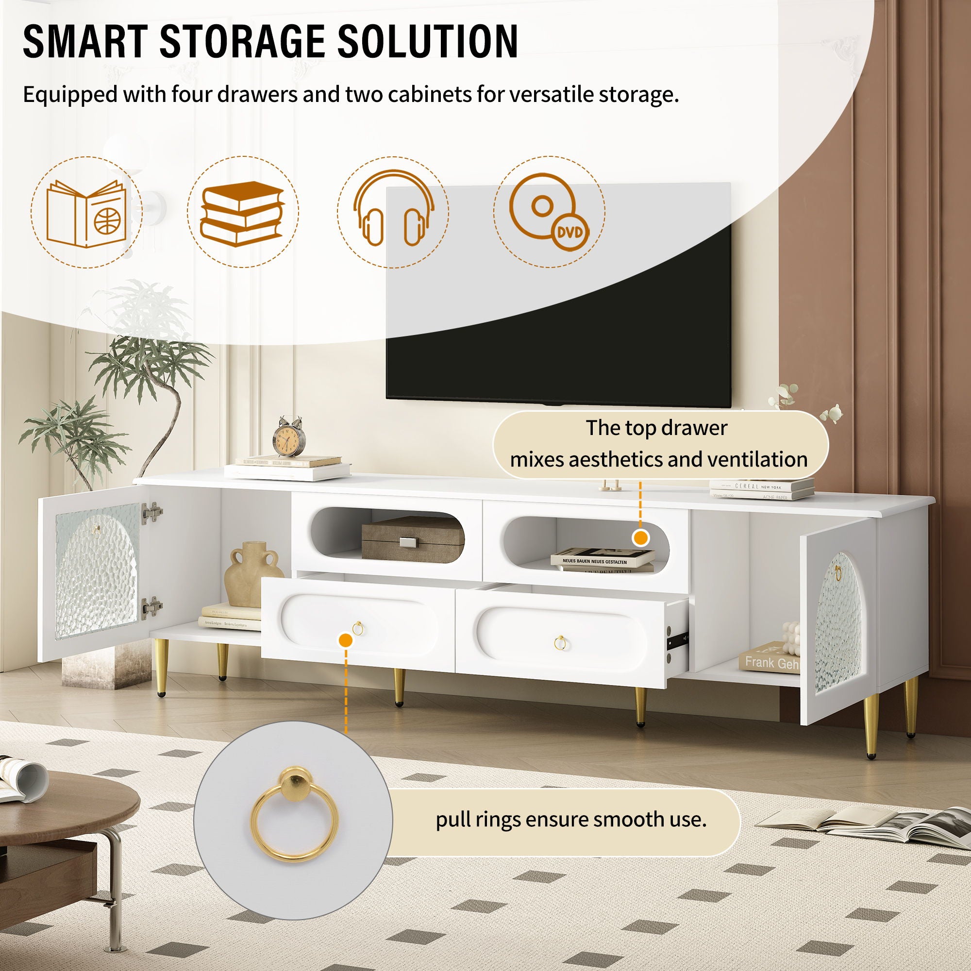 Retro TV Stand With 6 Metal Legs, 2 Cabinets, 4 Drawers And Anti-Tip Device