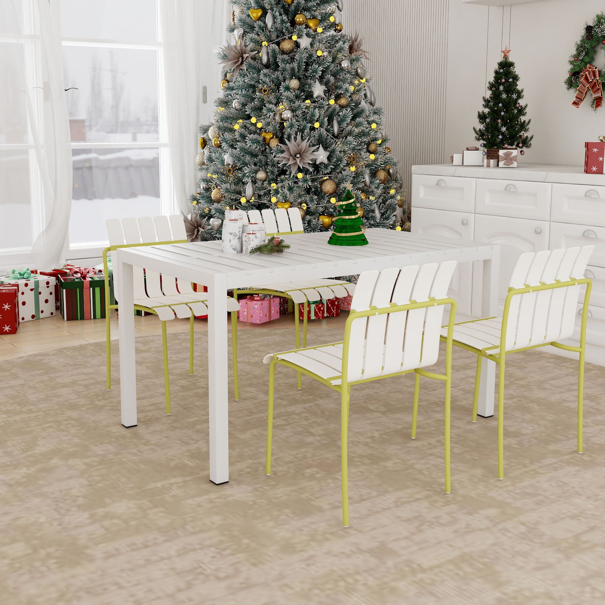 4 Piece Set Of Modern Color Block Designed Single Chairs With Long Table