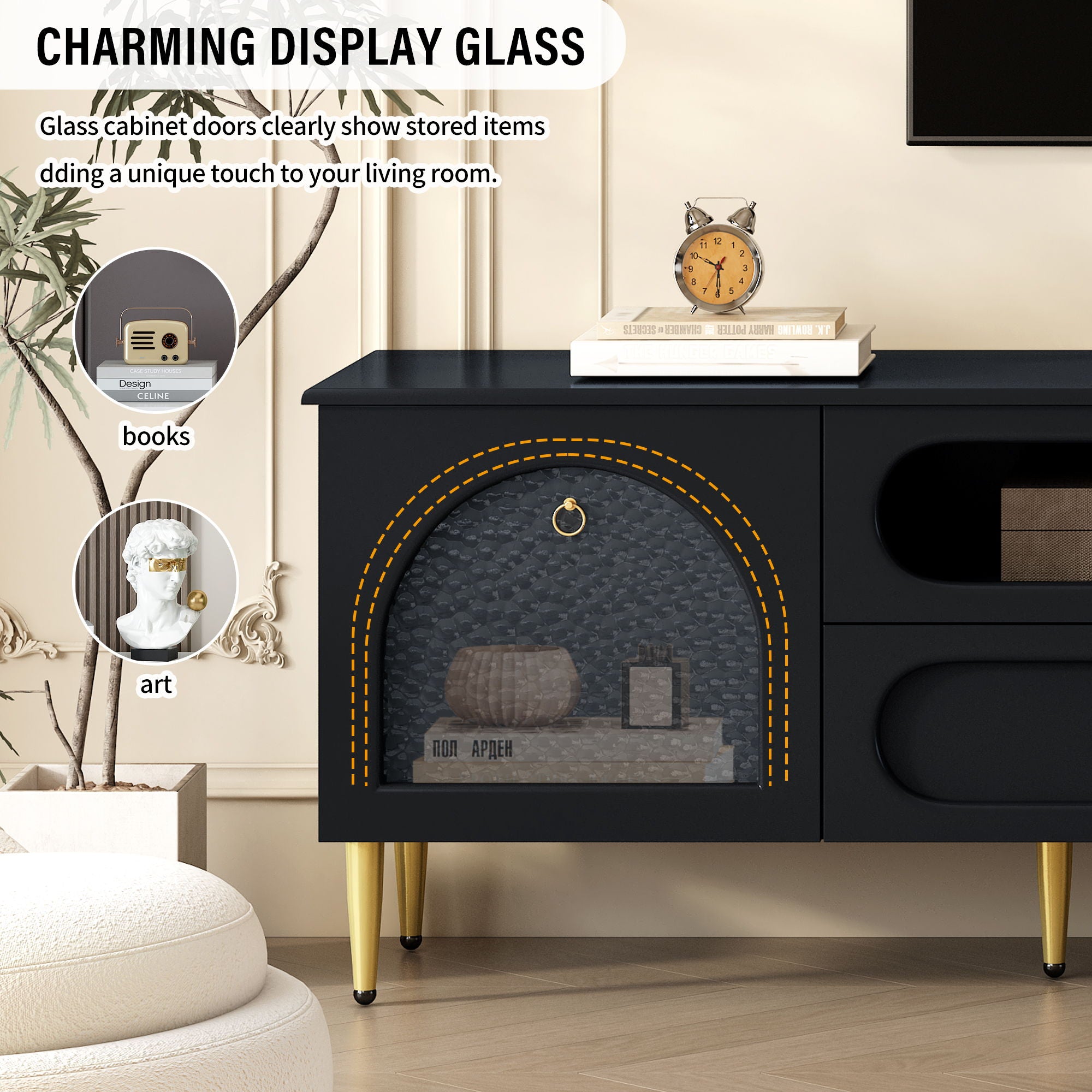 Retro TV Stand With 6 Metal Legs, 2 Cabinets, 4 Drawers And Anti-Tip Device