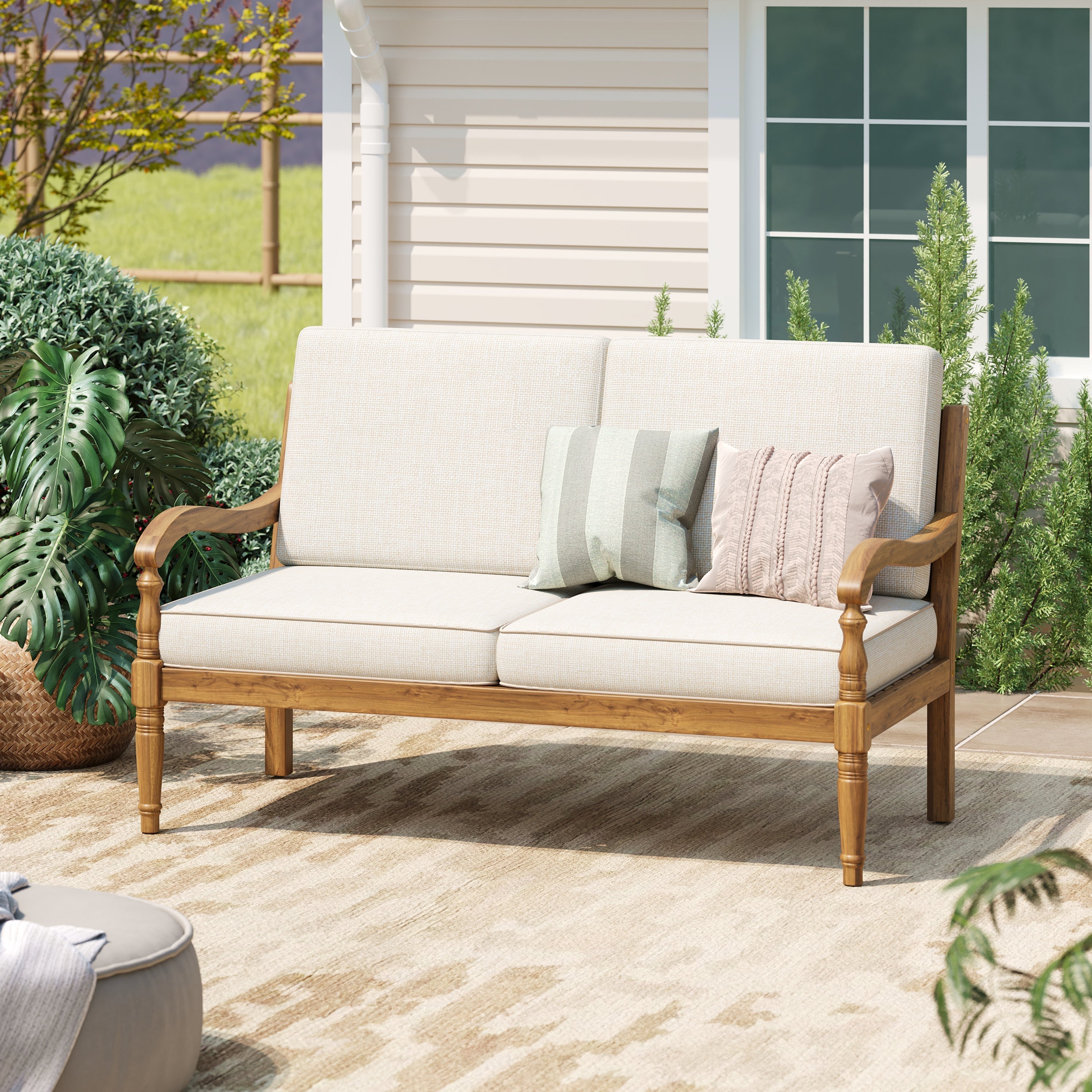 Outdoor Acacia Wood Loveseat with Cushions, Natural Finish with Beige Fabric
