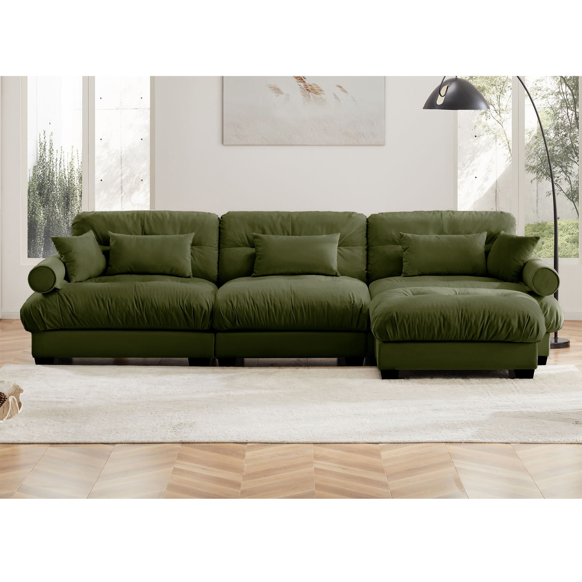 Modern Sectional Sofa With Ottoman, Round Bolster Armrests, Waist And Throw Pillows