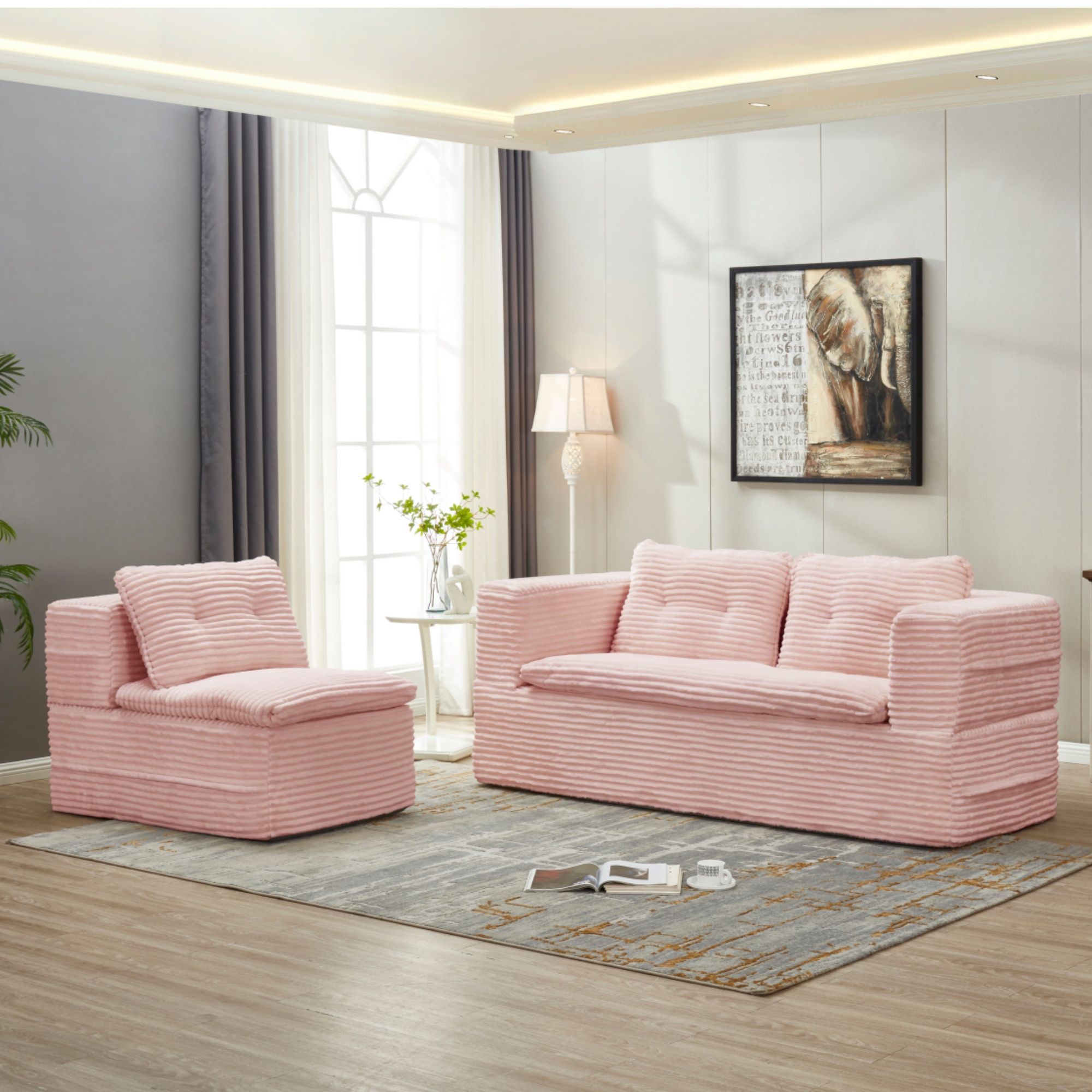 Multi Functional Sectional Sofa Bed With Independent Chaise Lounge And Functional Blanket, Convertible King Size Bed, Deep Seat - Baby Pink