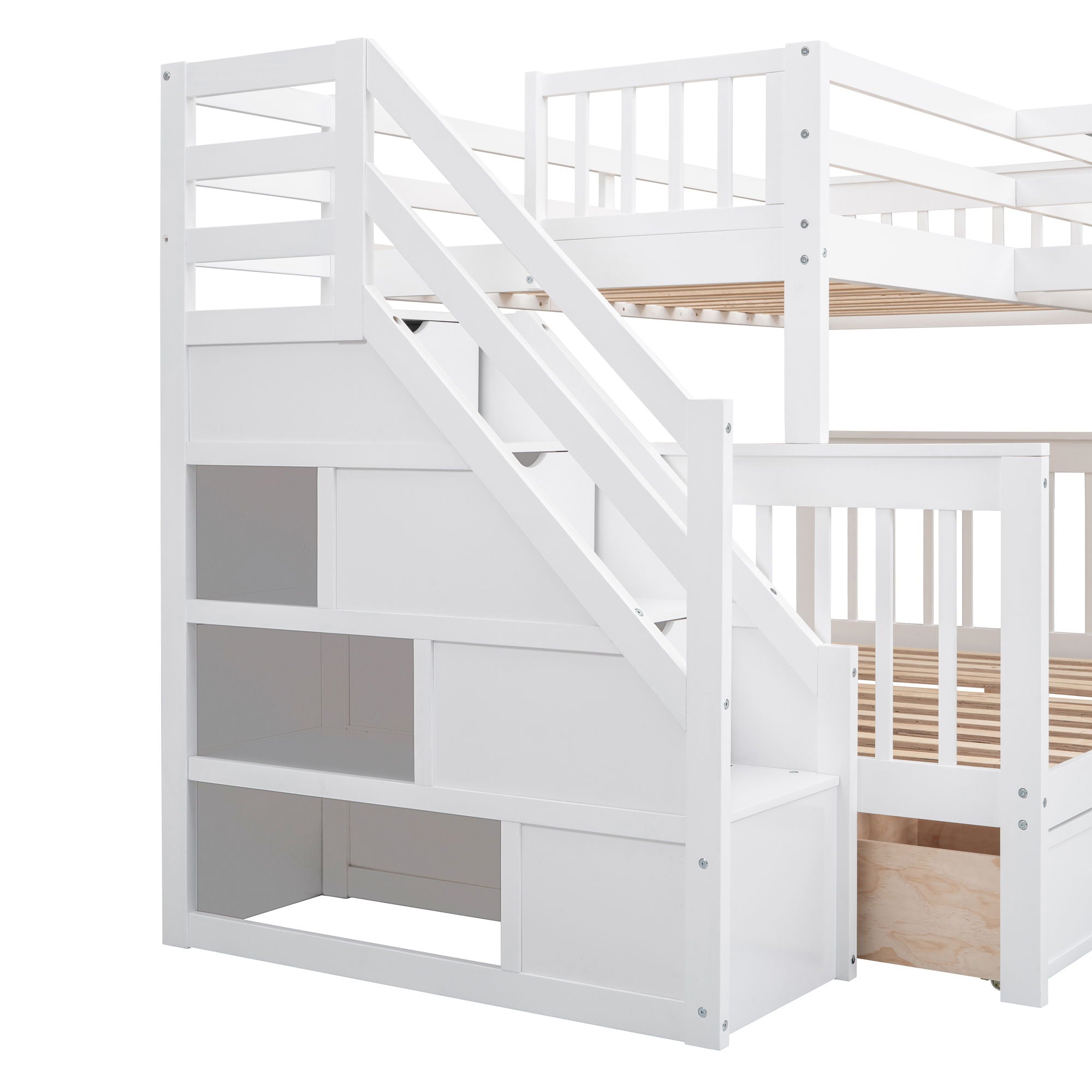 L Shaped Bunk Bed With 3 Drawers, Portable Desk And Wardrobe