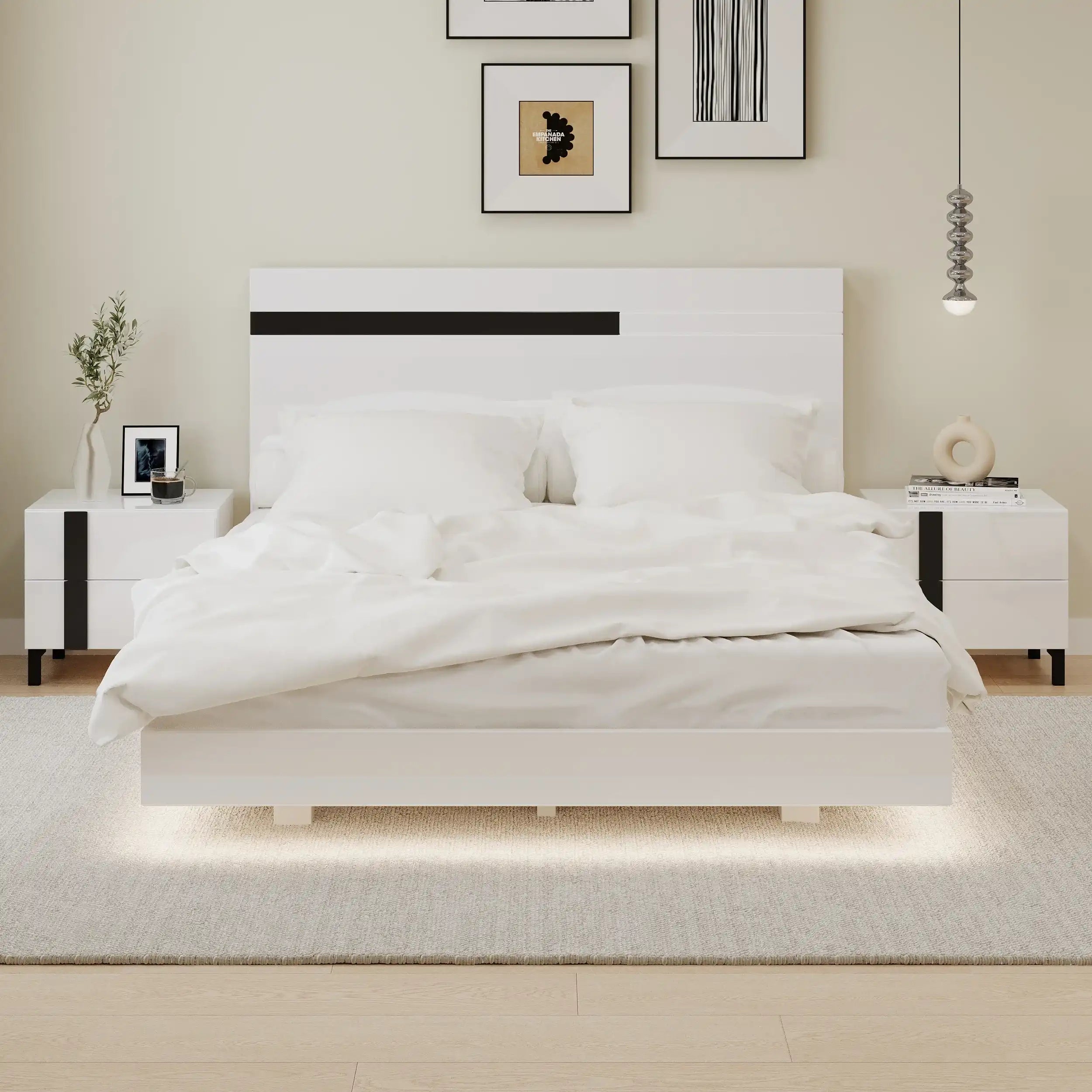 Modern White 3-Piece Queen Bedroom Set with Floating Bed Frame & 2 LED Light Nightstands