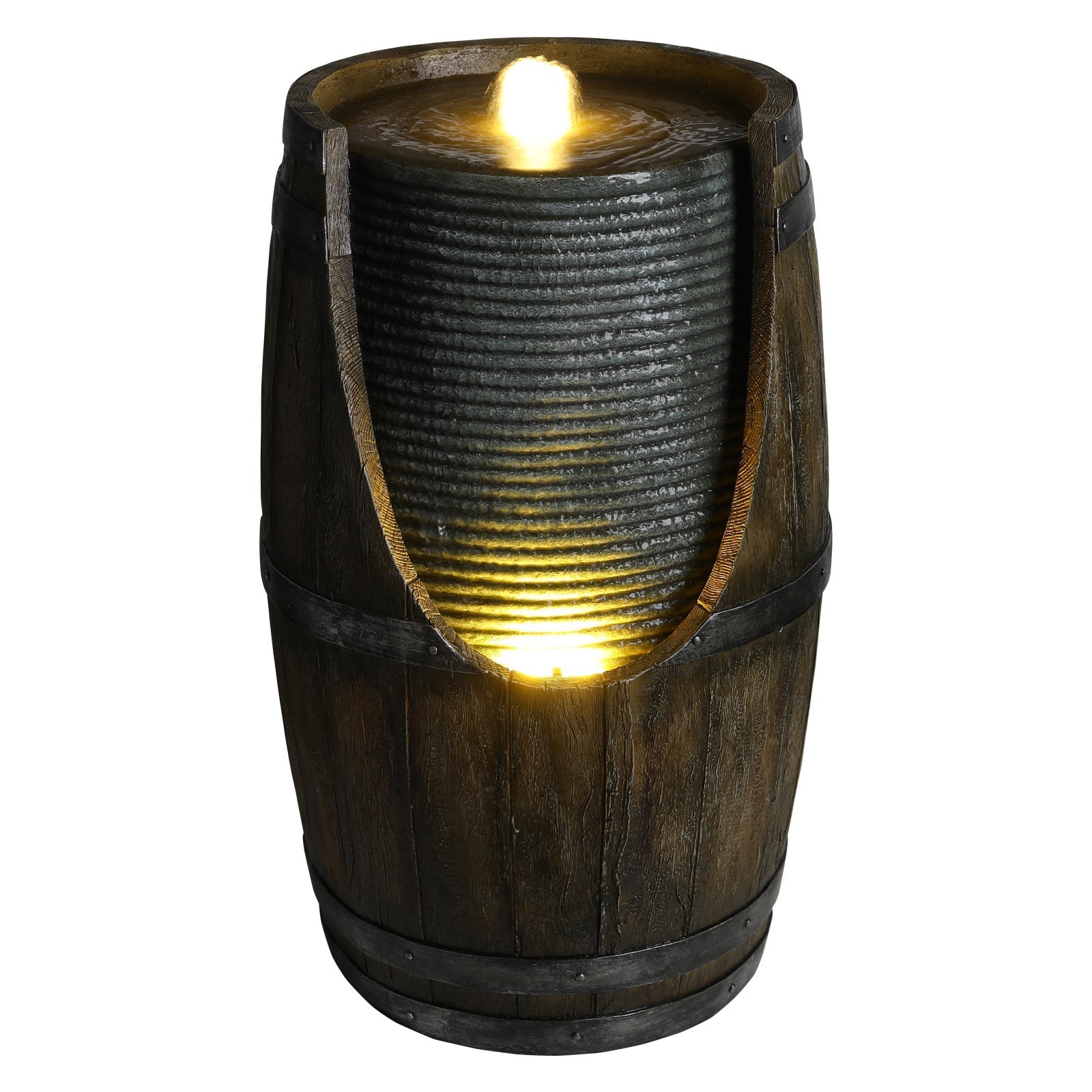 Wooden Barrel Style Outdoor Water Fountain with Lights