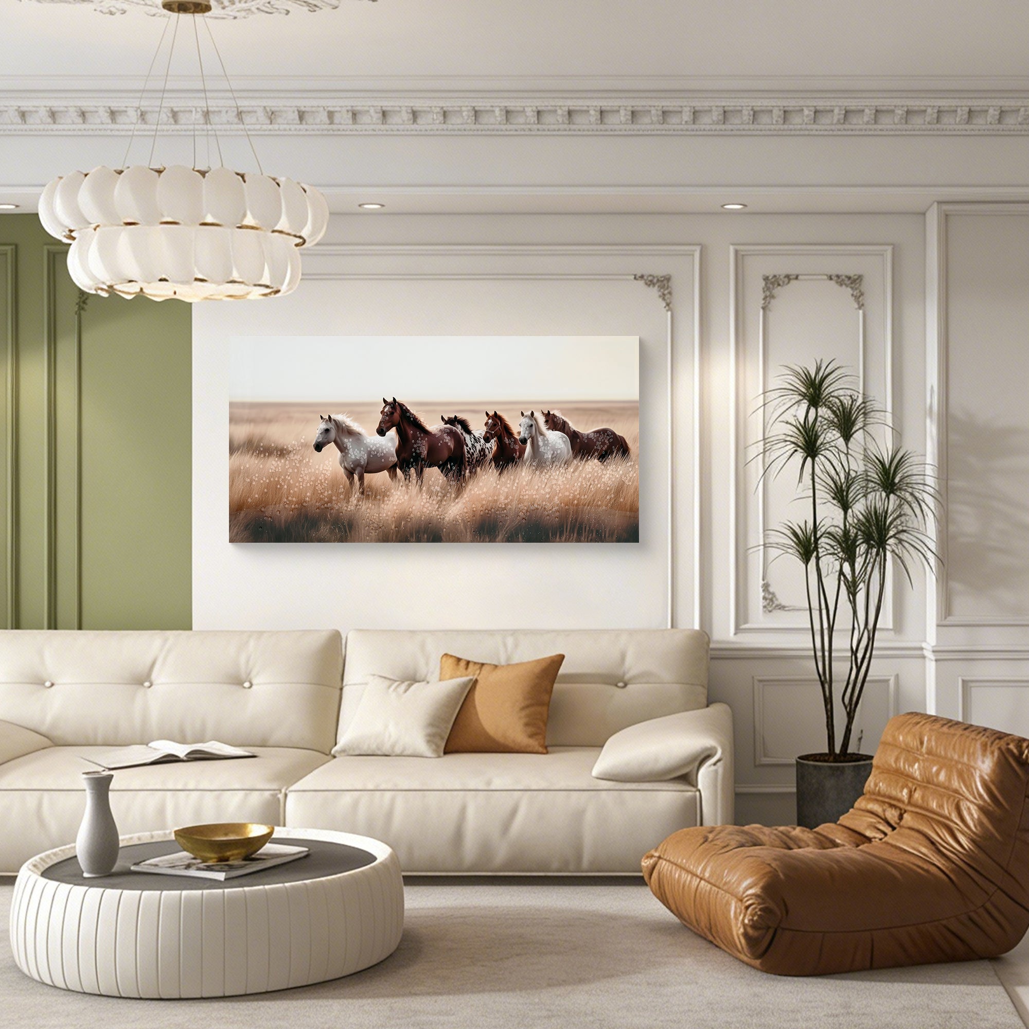 Cozy Country Rustic Horses Wall Art Decor: Western Farm Equine Canvas Picture Wild Animals Walking on Empty Grassland Farmhouse Ponies Portrait Painting Artwork for Living Room Bedroom 40' x 20'