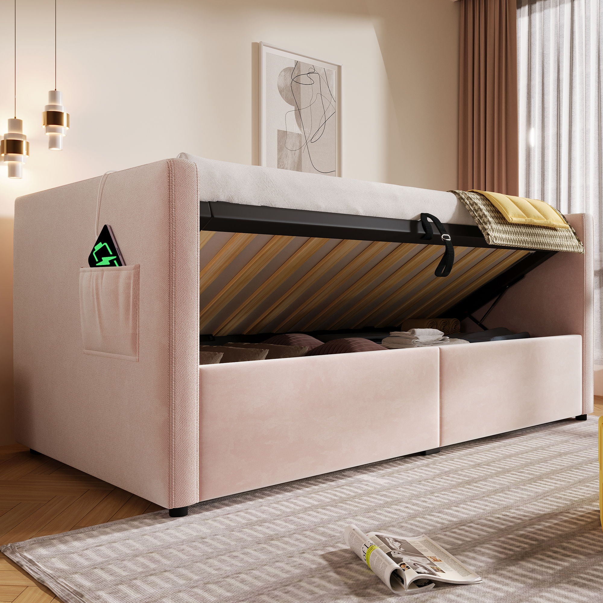 Upholstered Hydraulic Storage Daybed With USB & Type C Charging