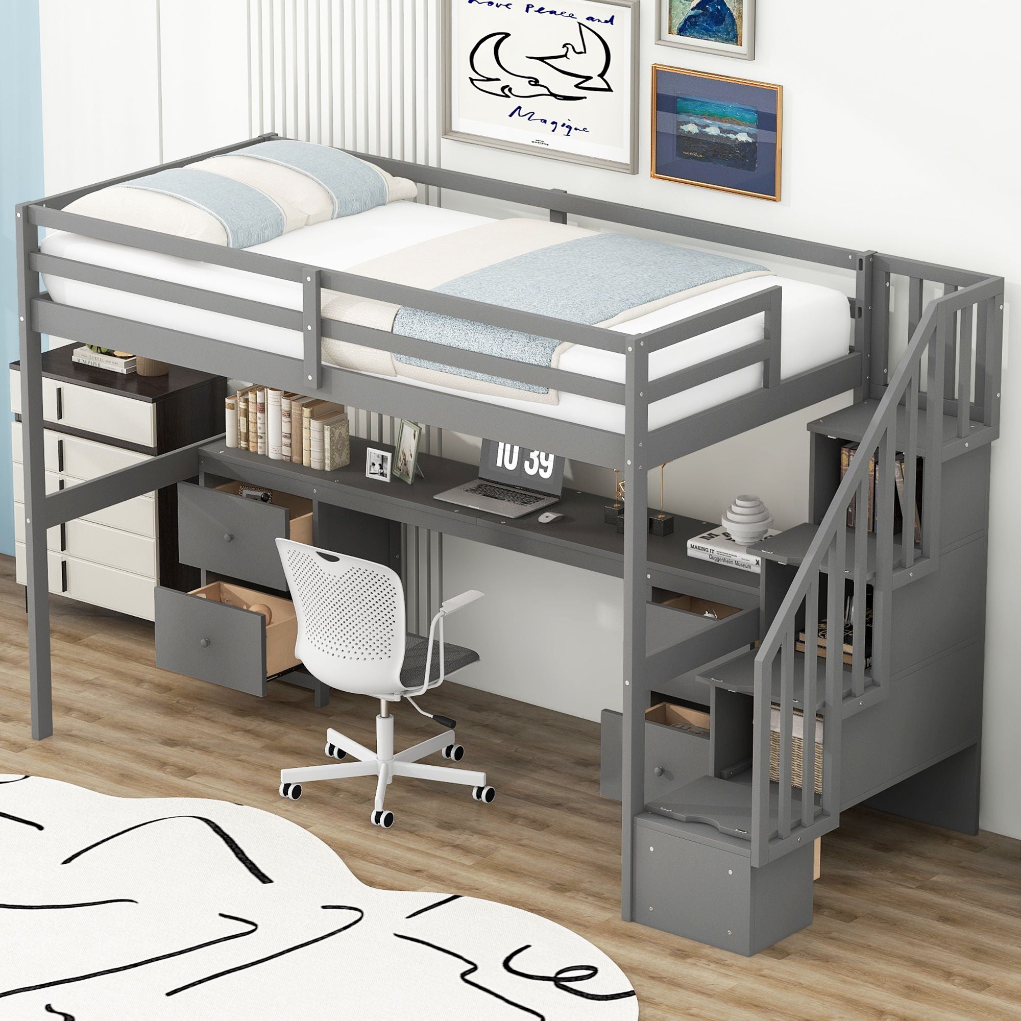 Loft Bed Frame With Built In Desk And Double Storage Drawers