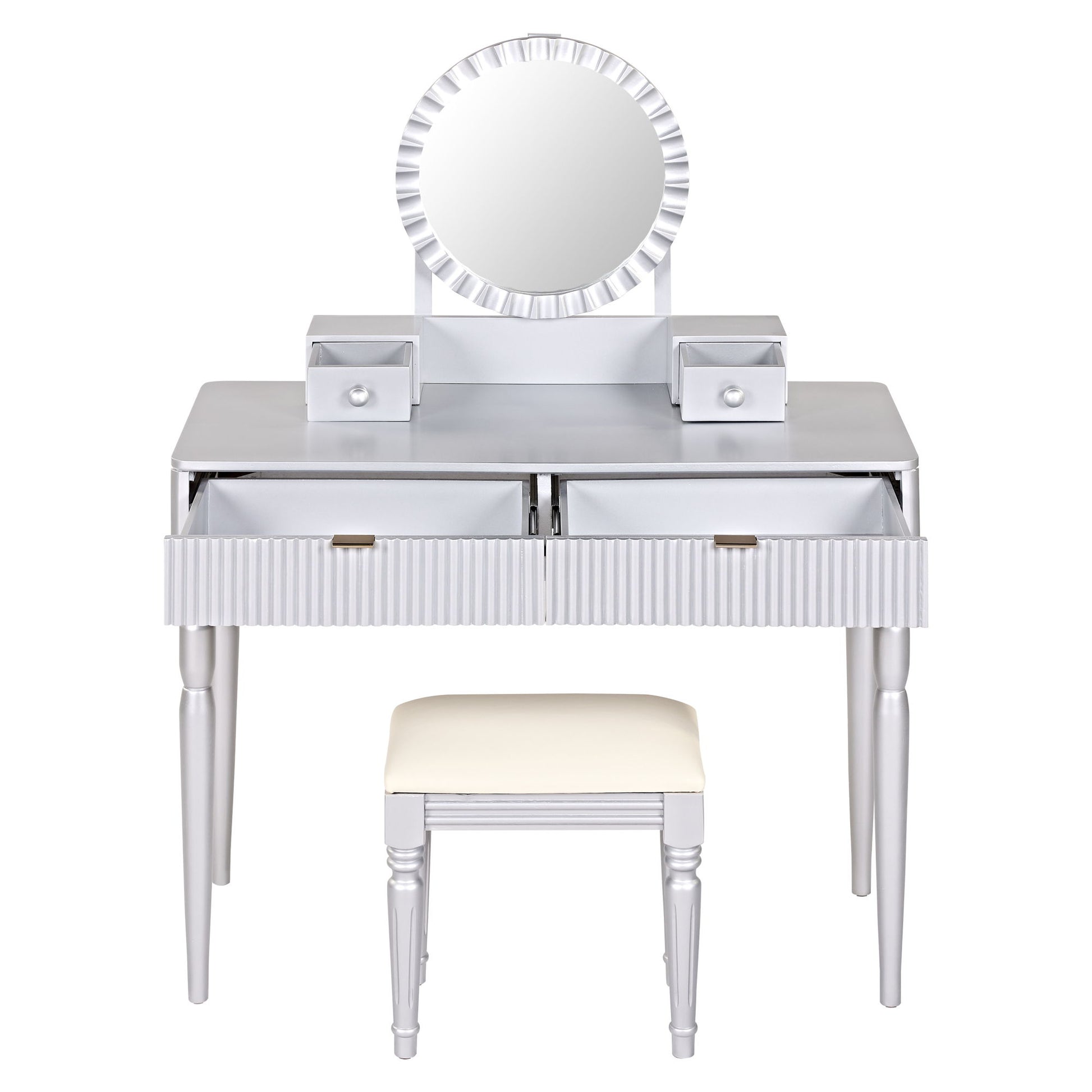 Luxury Vanity Desk With Round Mirror Height Adjustable Dressing Table Set Engineered Wood - Silver - Best Buy Furniture