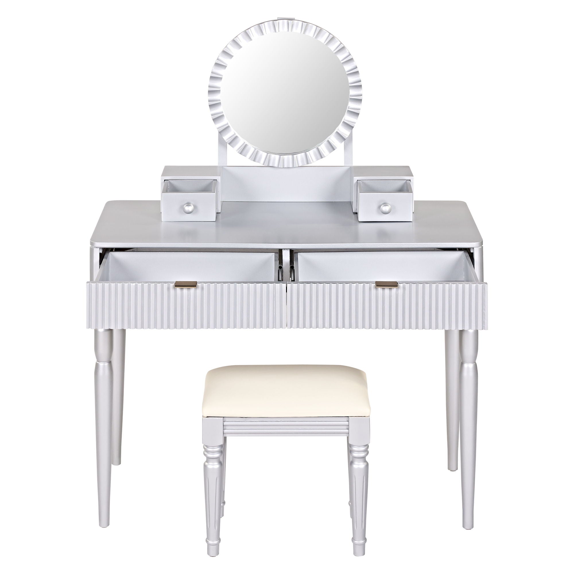 Luxury Vanity Desk With Round Mirror Height Adjustable Dressing Table Set Engineered Wood - Silver - Best Buy Furniture