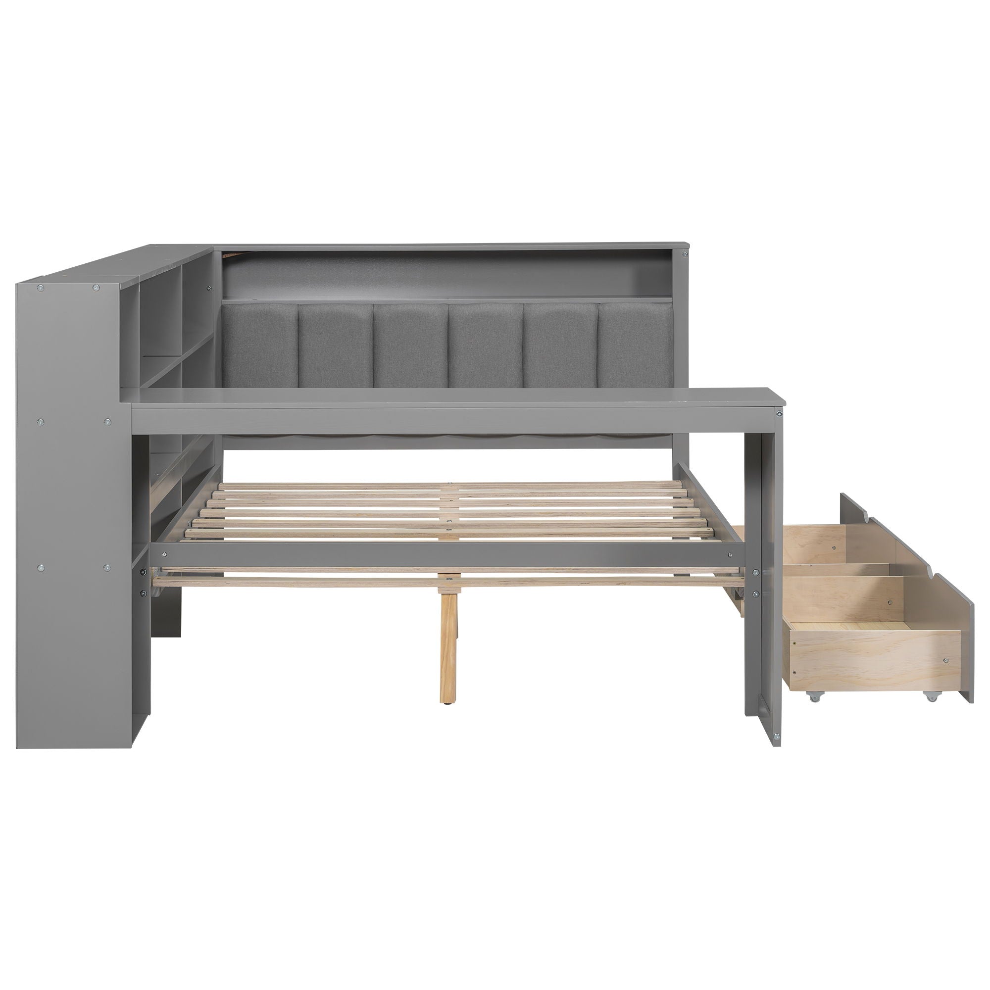 Platform Bed With Storage Shelves, Drawers, Charging Station, LED, Desk