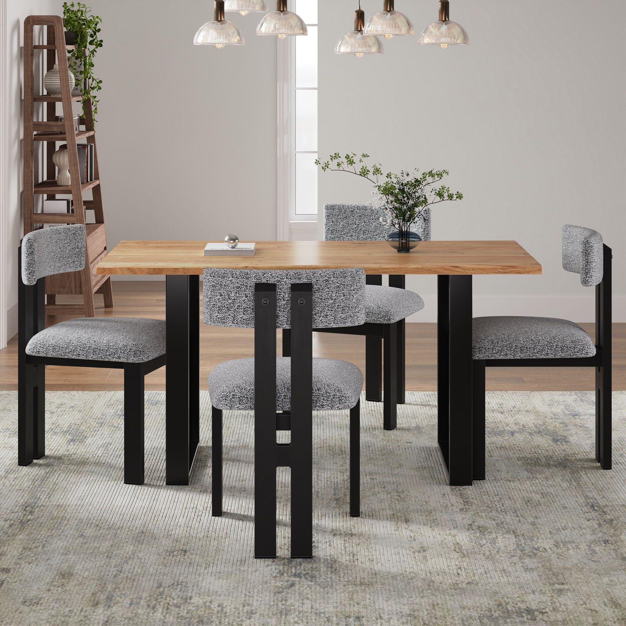 Mid Century 5 Piece Dining Set With Upholstered Metal Leg Chairs And Solid Wood Top Table - Black / White / Natural