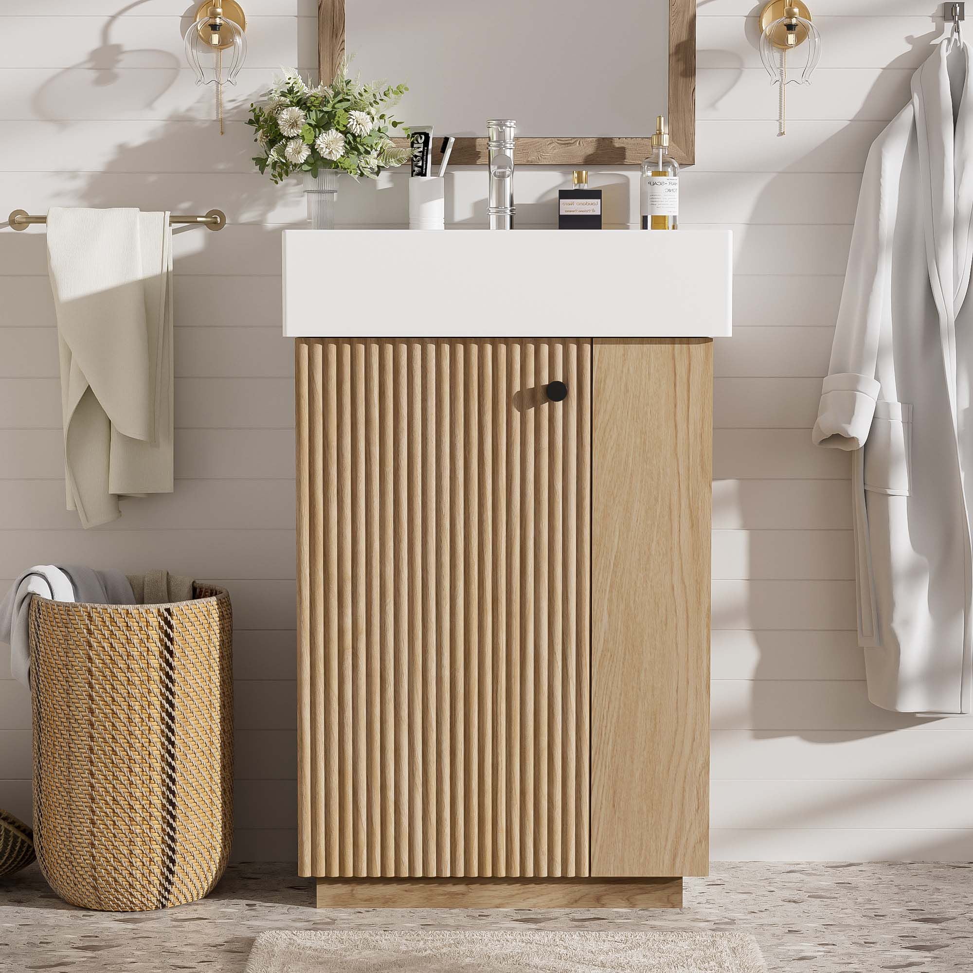 21.6" Bathroom Vanity With Sink And Freestanding Wood Grain Cabinet Featuring Left Door - Wood