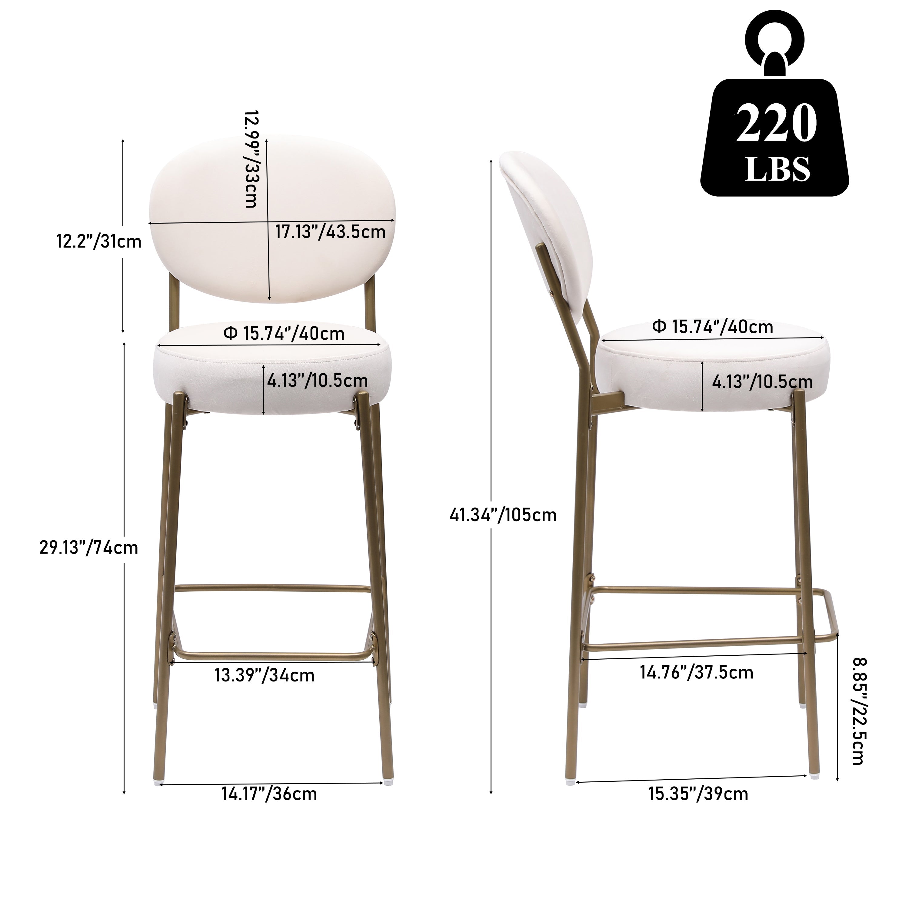 29'' Upholstered Velvet Bar Stools with Backrest & Footrest Set of 2