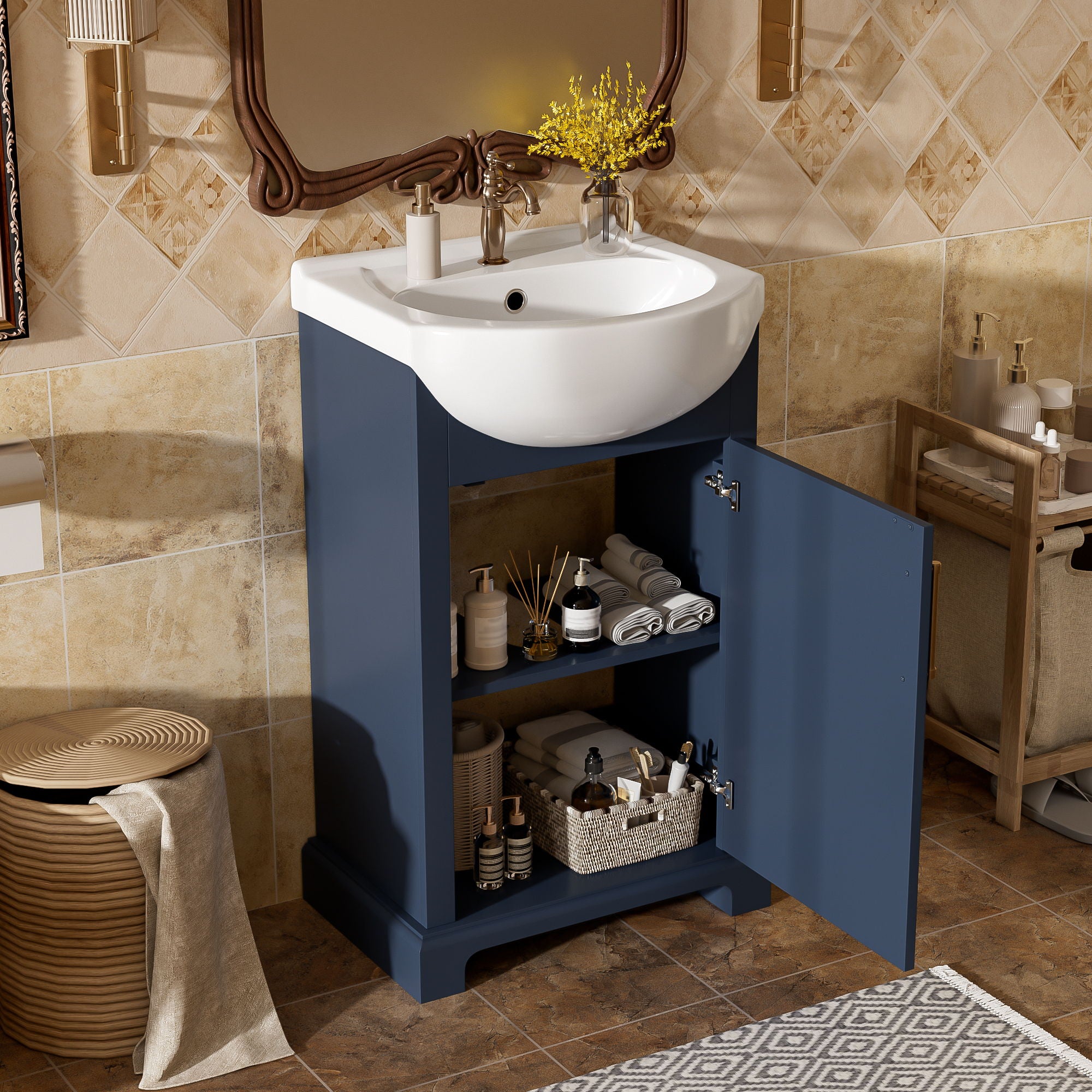 Bathroom Vanity With Bulged Sink, Cabinet, Soft-Close Door, Freestanding Single Unit