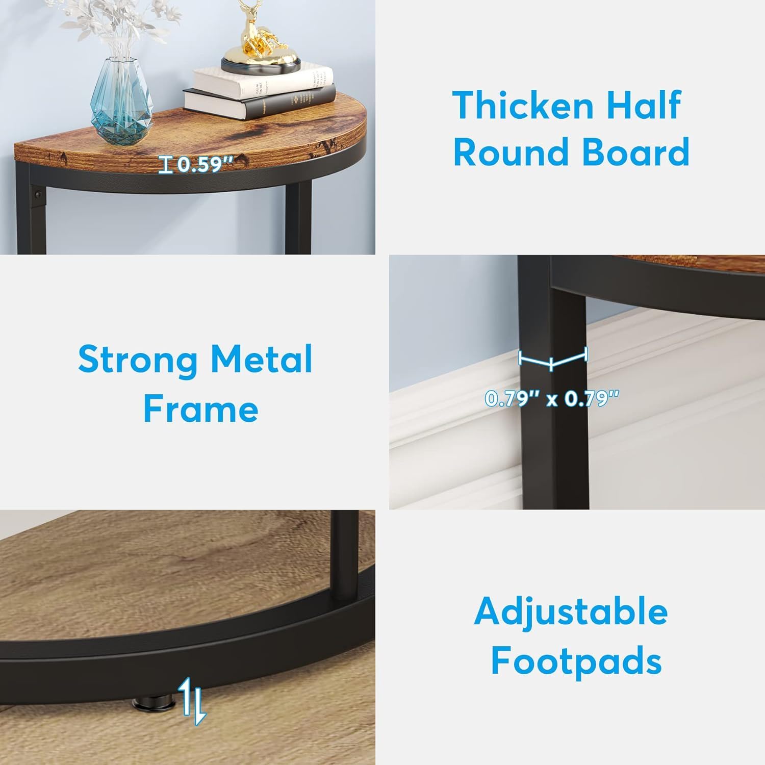 Slim Half Moon 2 Tier Semi Circle End Table, Wide Storage For Living - Rustic Brown