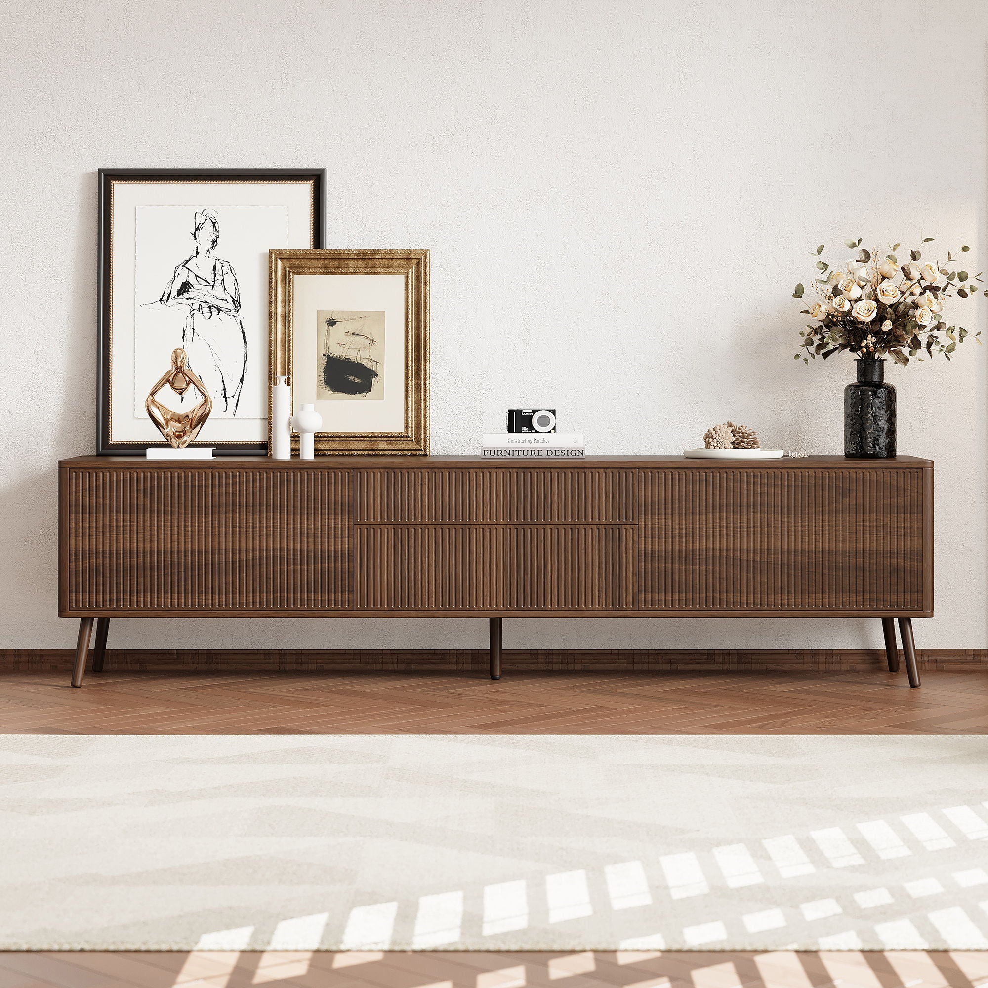 Fluted TV Stand With Storage Drawers And Cabinets For TVs Up To 80", Soft-Close Hinges, Cable Management - Walnut