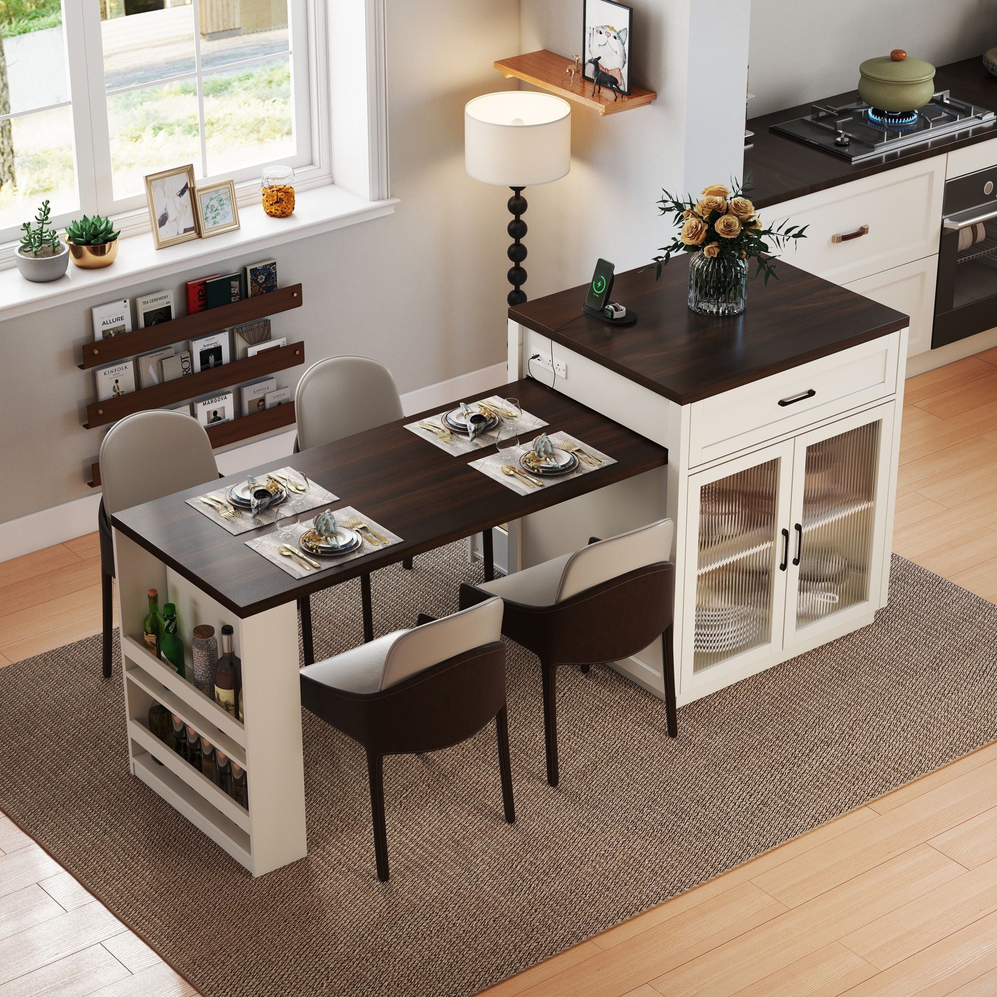 Extendable Kitchen Island With Slide Out Table And Storage Racks For 2 - 6 Person, Power Outlet, Bar, Prep Station - Creamy White / Walnut